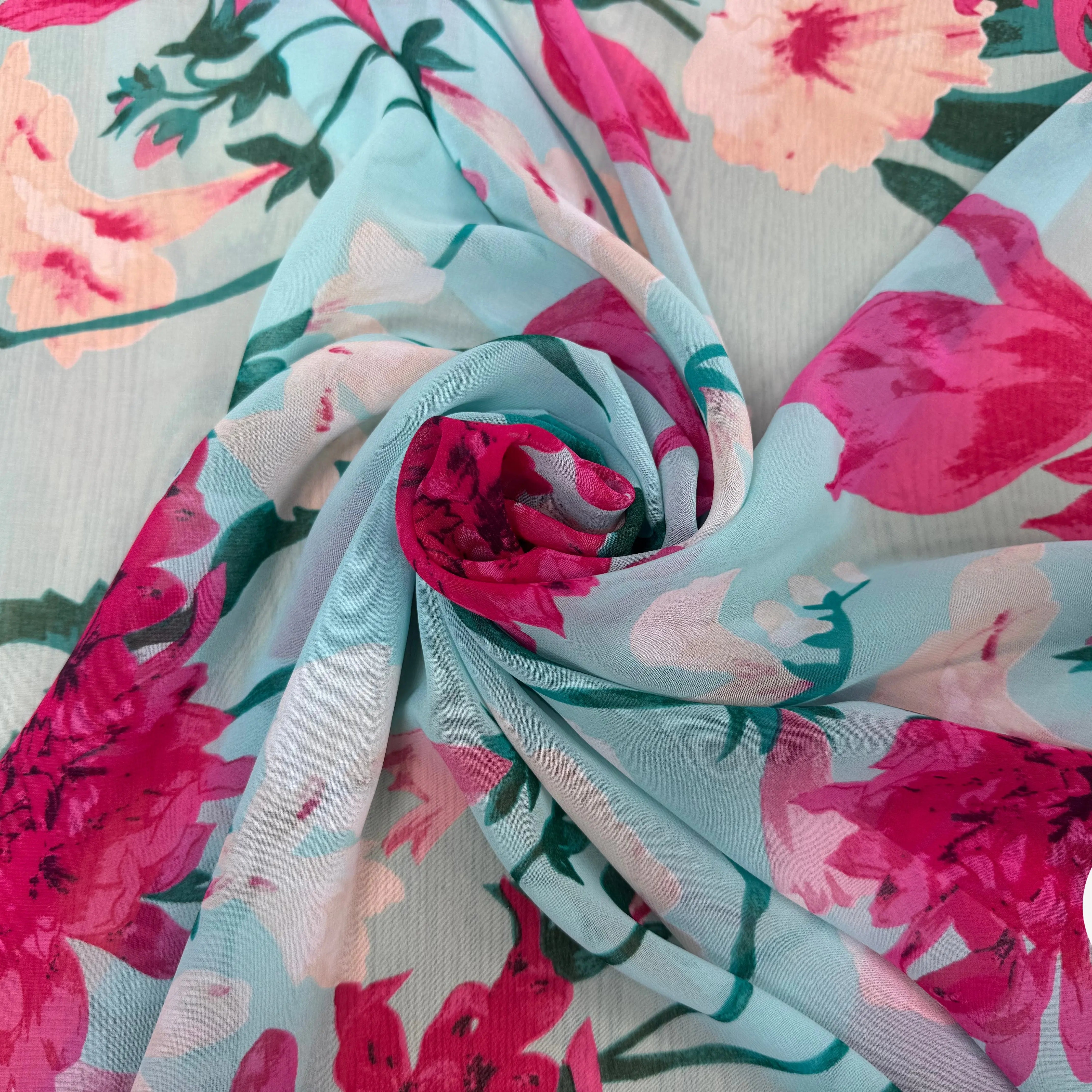 CREPE GOERGETTE FOND BLEU MOTIFS FLEURS ROSE - My Little Coupon