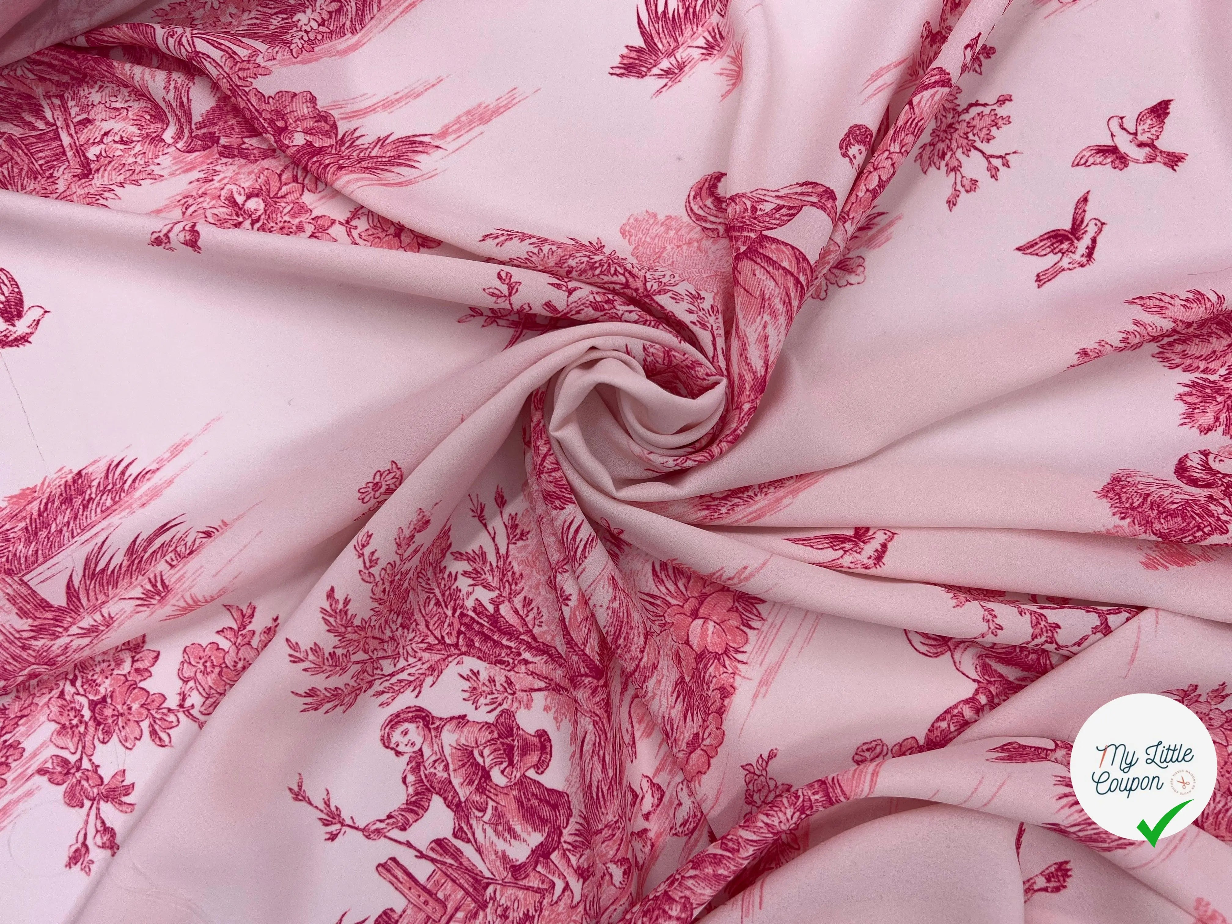 CRÊPE IMPRIMÉ TOILE DE JOUY FLEURS FRAISE FOND ROSE - My Little Coupon - tissu - coudre
