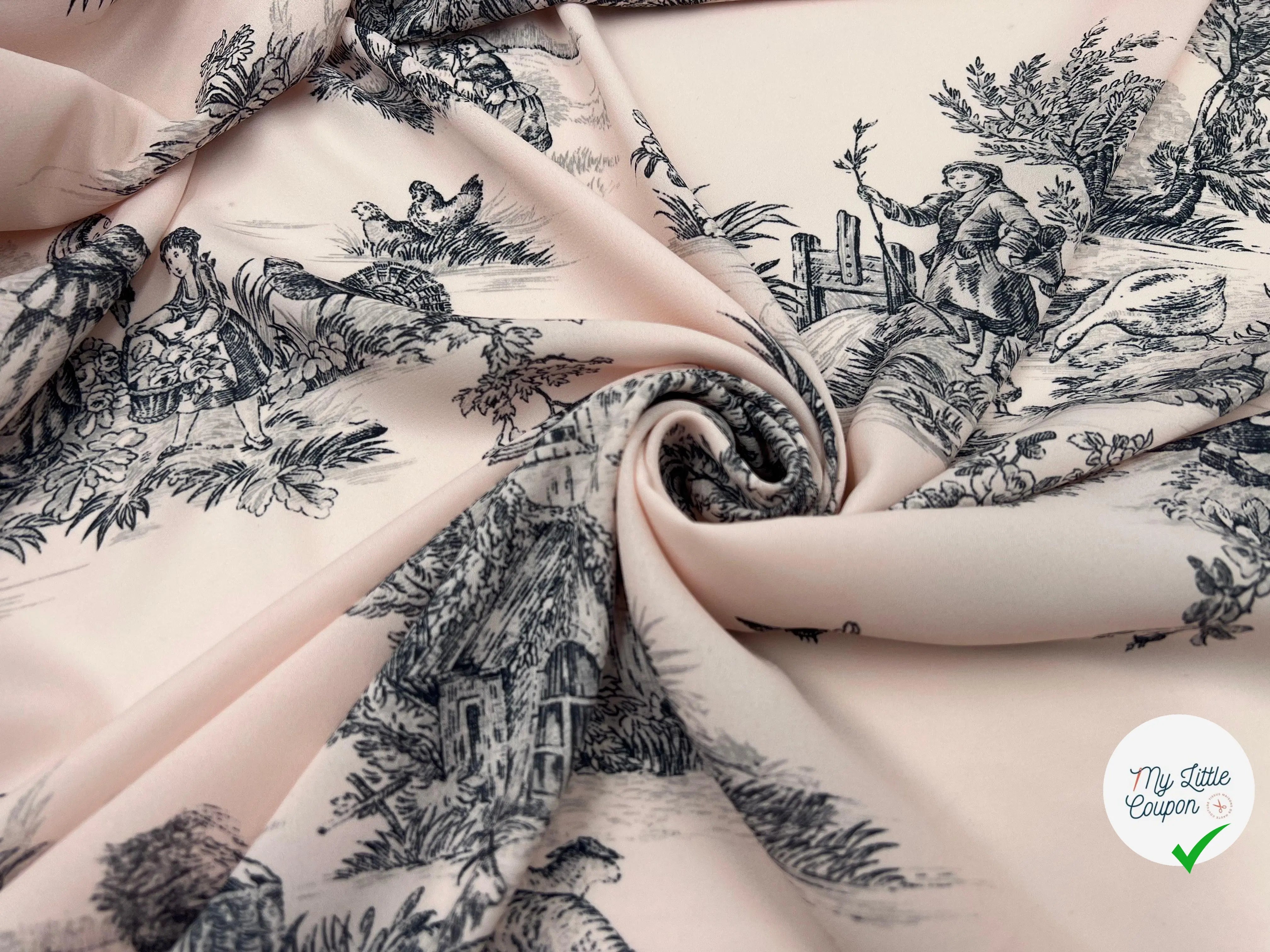 CRÊPE IMPRIMÉ TOILE DE JOUY NOIR FOND ROSE - My Little Coupon - tissu - coudre