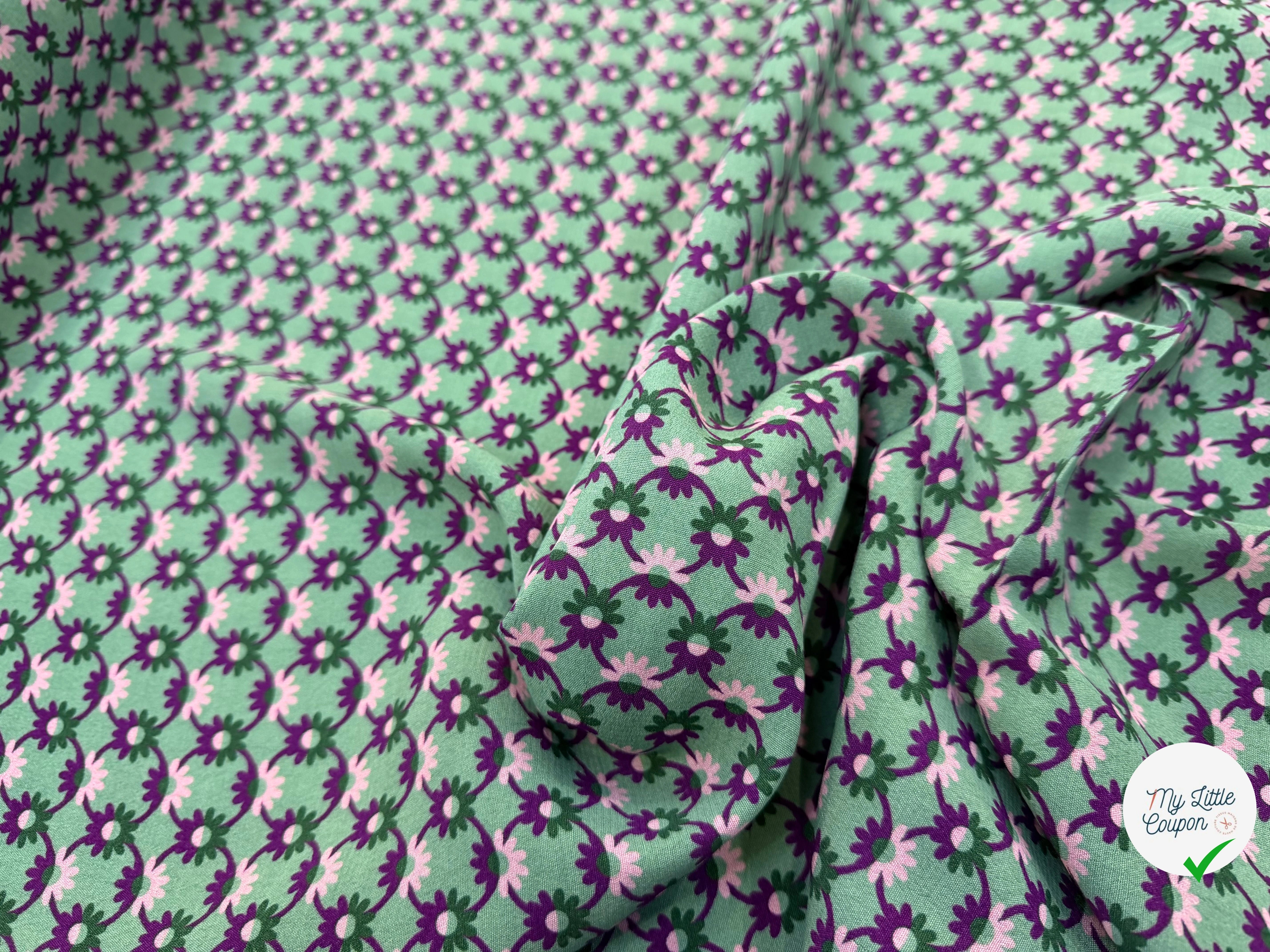 CREPE MAROCAIN 100% VISCOSE COMO PREMIUM VERT FLEURS VIOLETTES - My Little Coupon