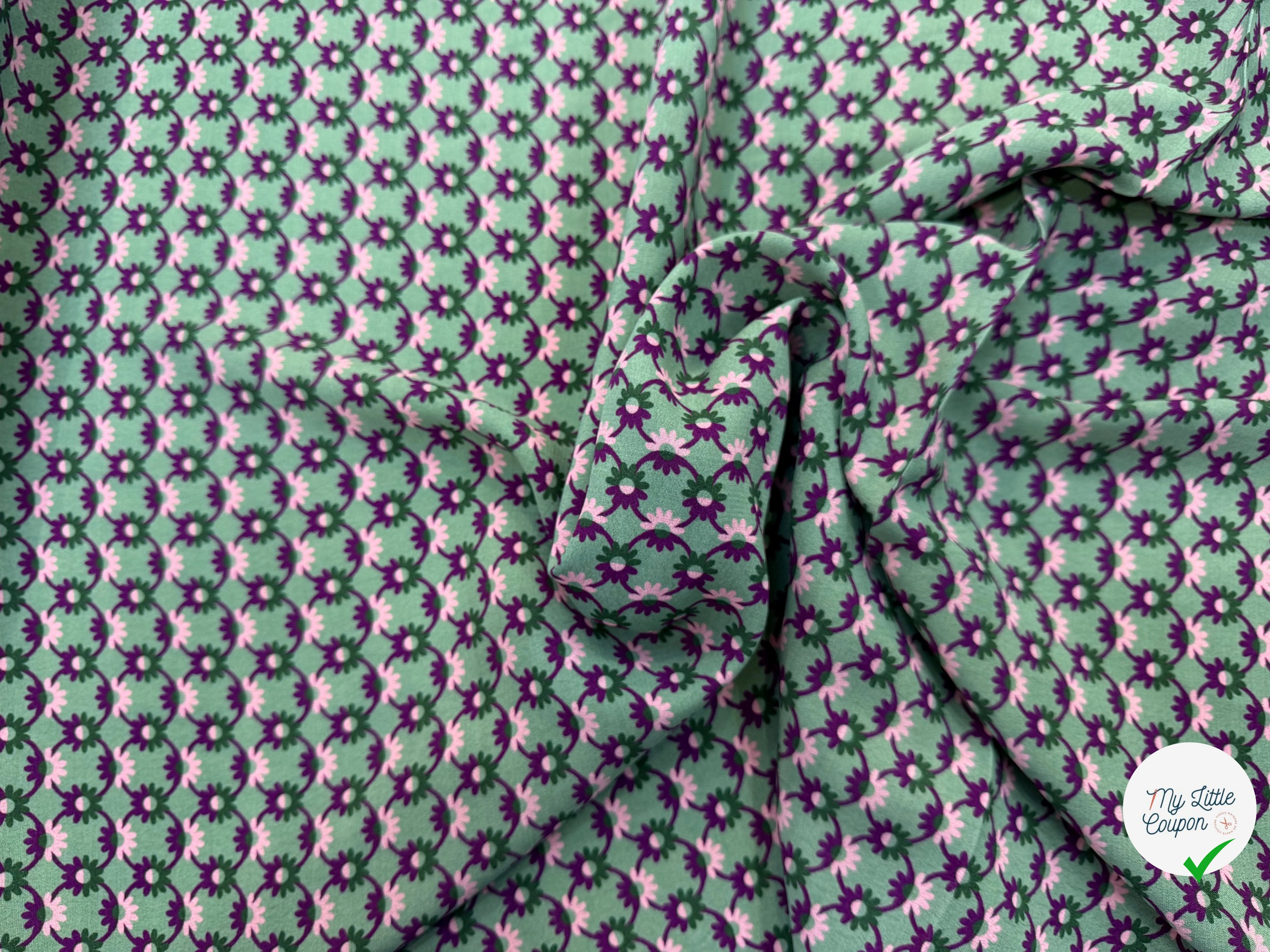 CREPE MAROCAIN 100% VISCOSE COMO PREMIUM VERT FLEURS VIOLETTES - My Little Coupon