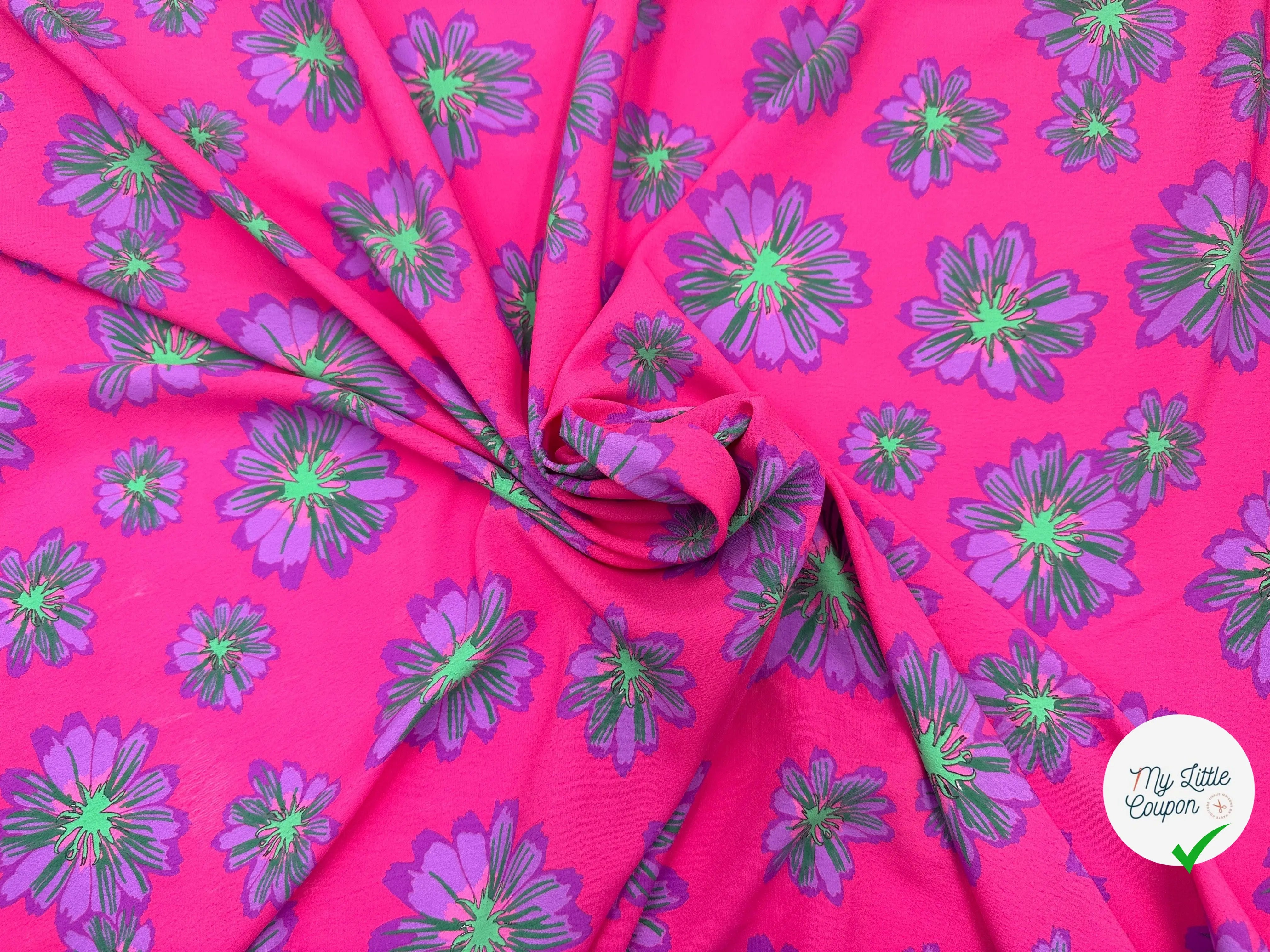 CRÊPE MAROCAIN ROSE À GRANDES FLEURS VIOLETTES - My Little Coupon - tissu - coudre