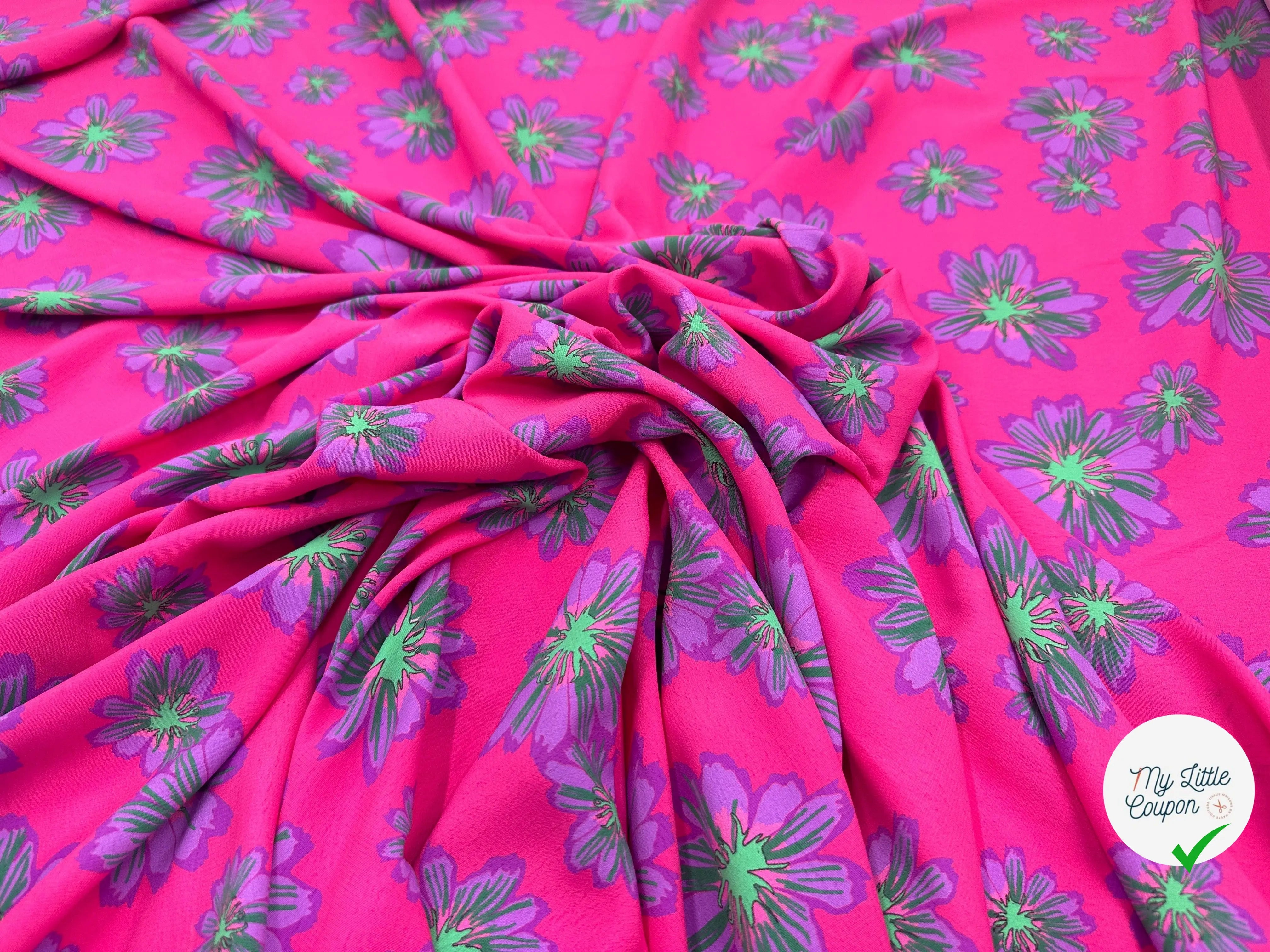 CRÊPE MAROCAIN ROSE À GRANDES FLEURS VIOLETTES - My Little Coupon - tissu - coudre