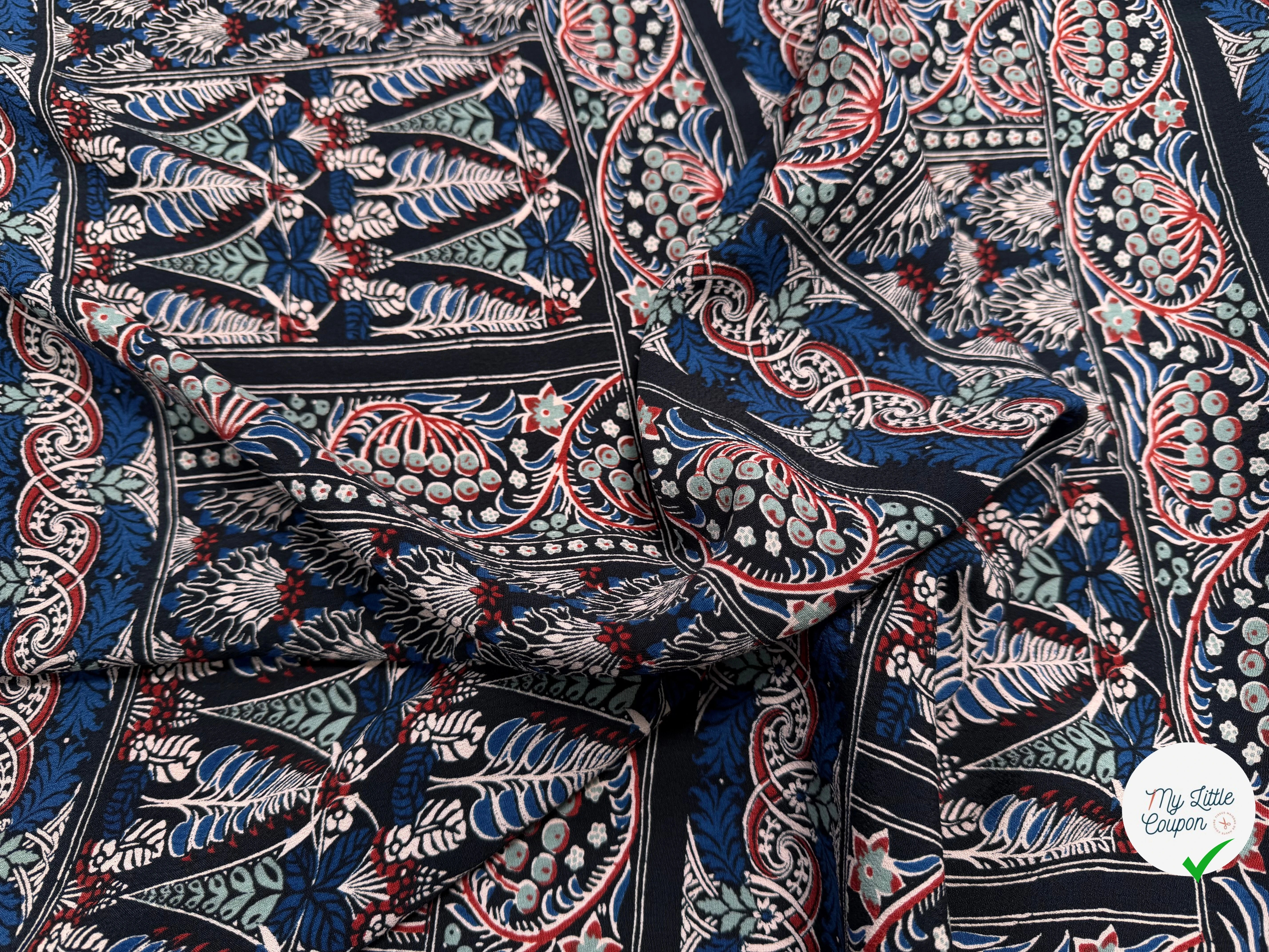 CREPE MAROCAIN VISCOSE BLEU FEUILLAGES - My Little Coupon