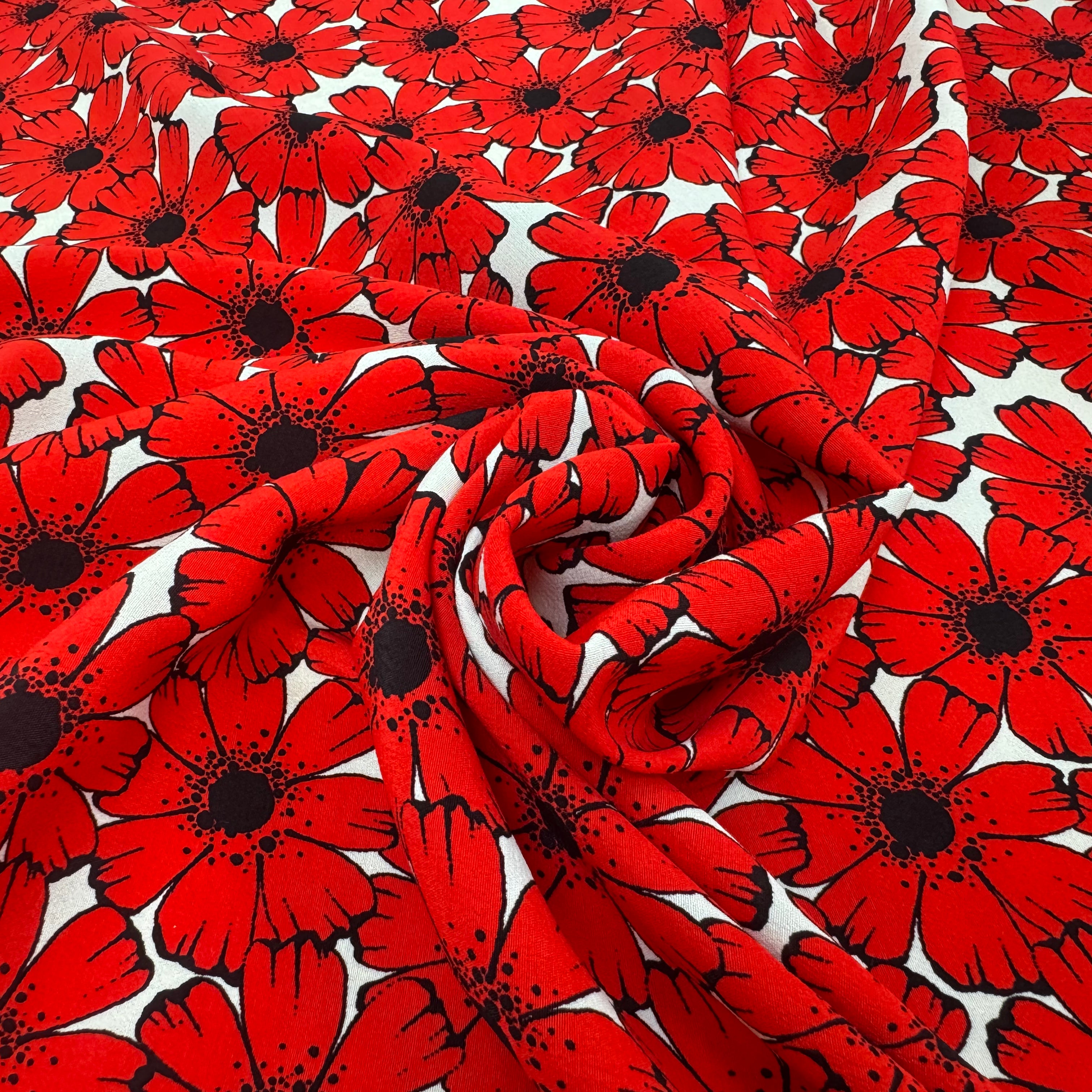 CREPE MAROCAIN VISCOSE FOND BLANC MOTIFS FLEURS DU BONHEUR JAPON ROUGE - My Little Coupon