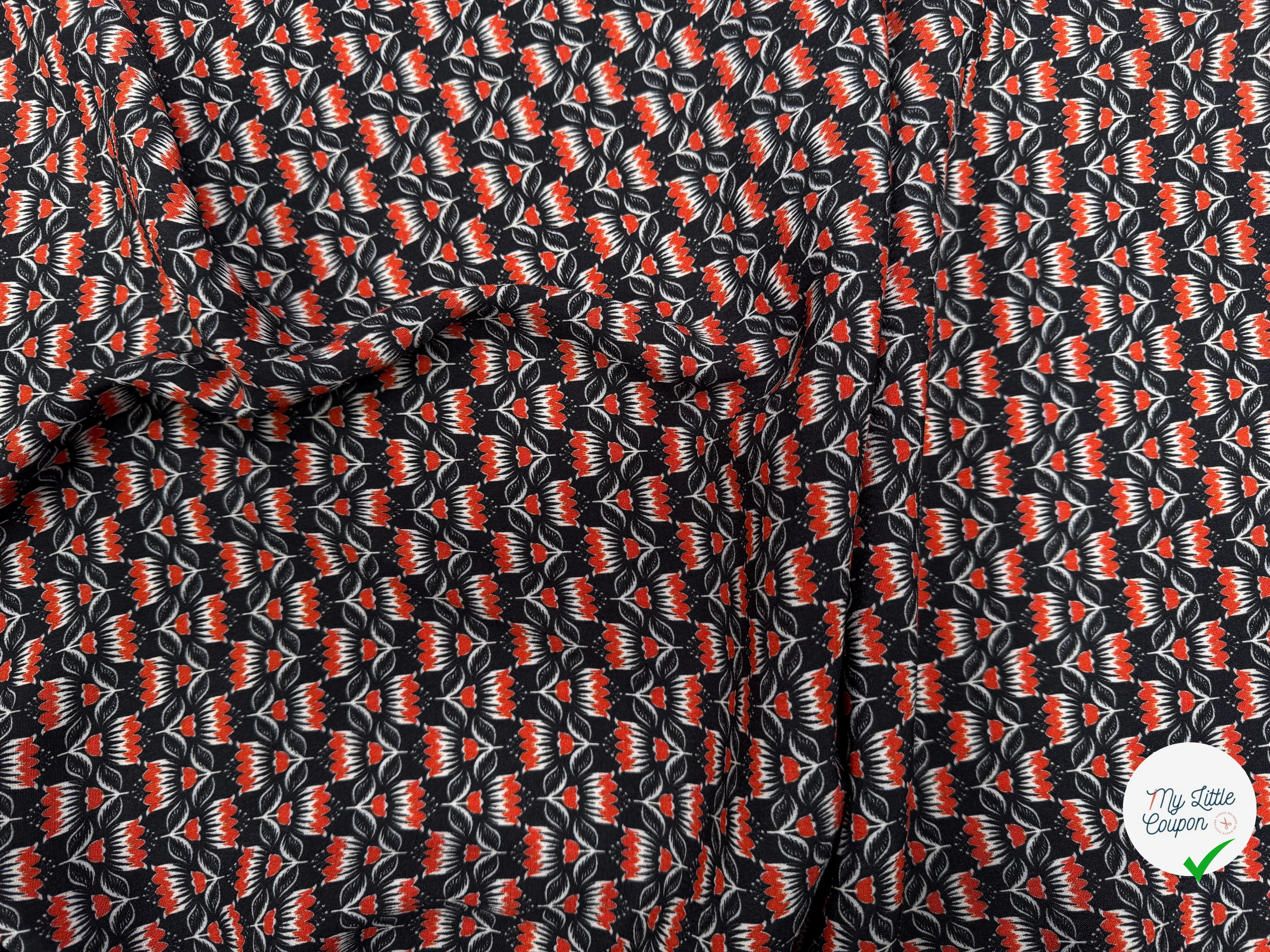 CREPE MAROCAIN VISCOSE QUALITÉ COMO NOIR FLORALIE ORANGE - My Little Coupon