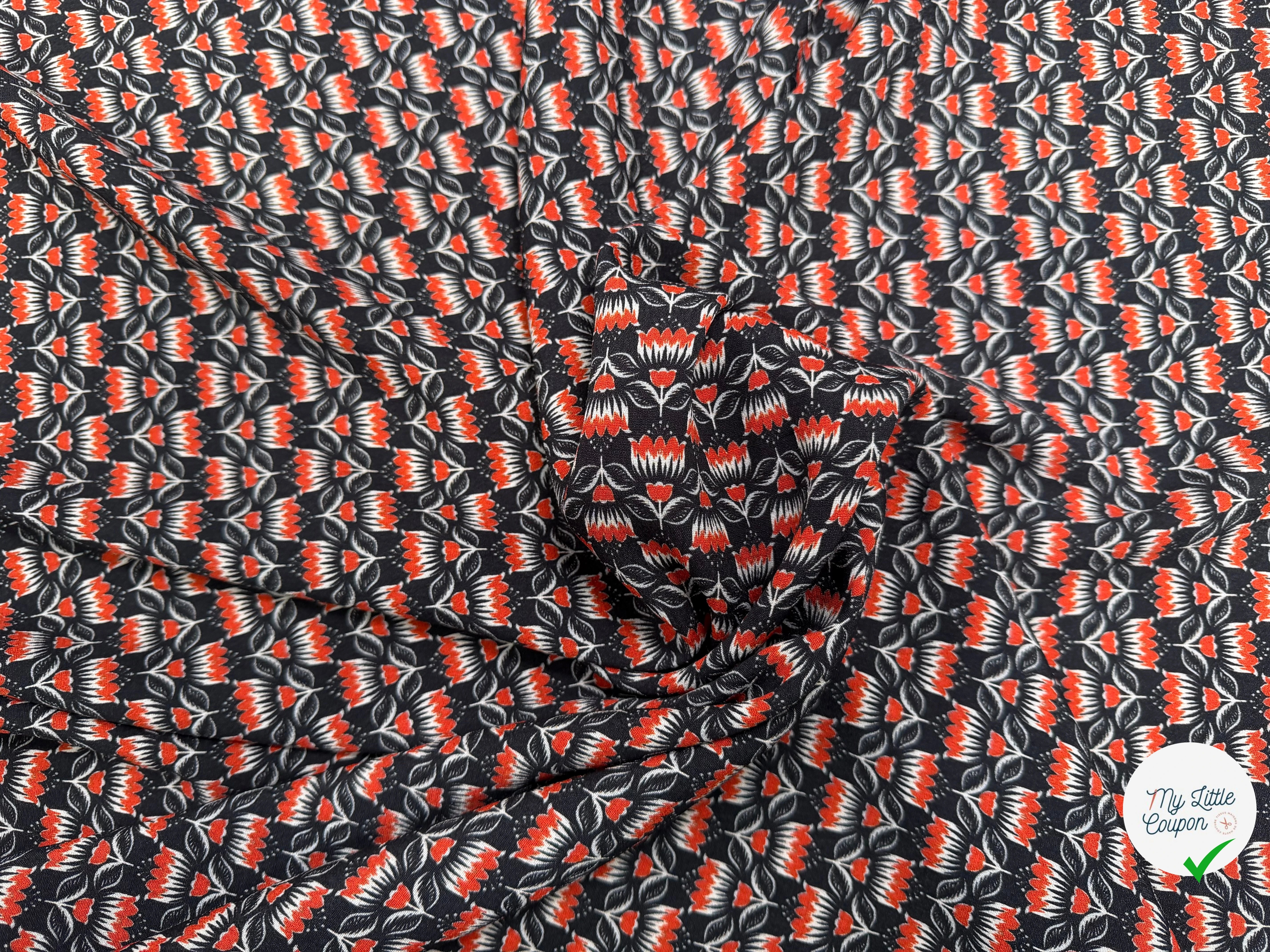 CREPE MAROCAIN VISCOSE QUALITÉ COMO NOIR FLORALIE ORANGE - My Little Coupon