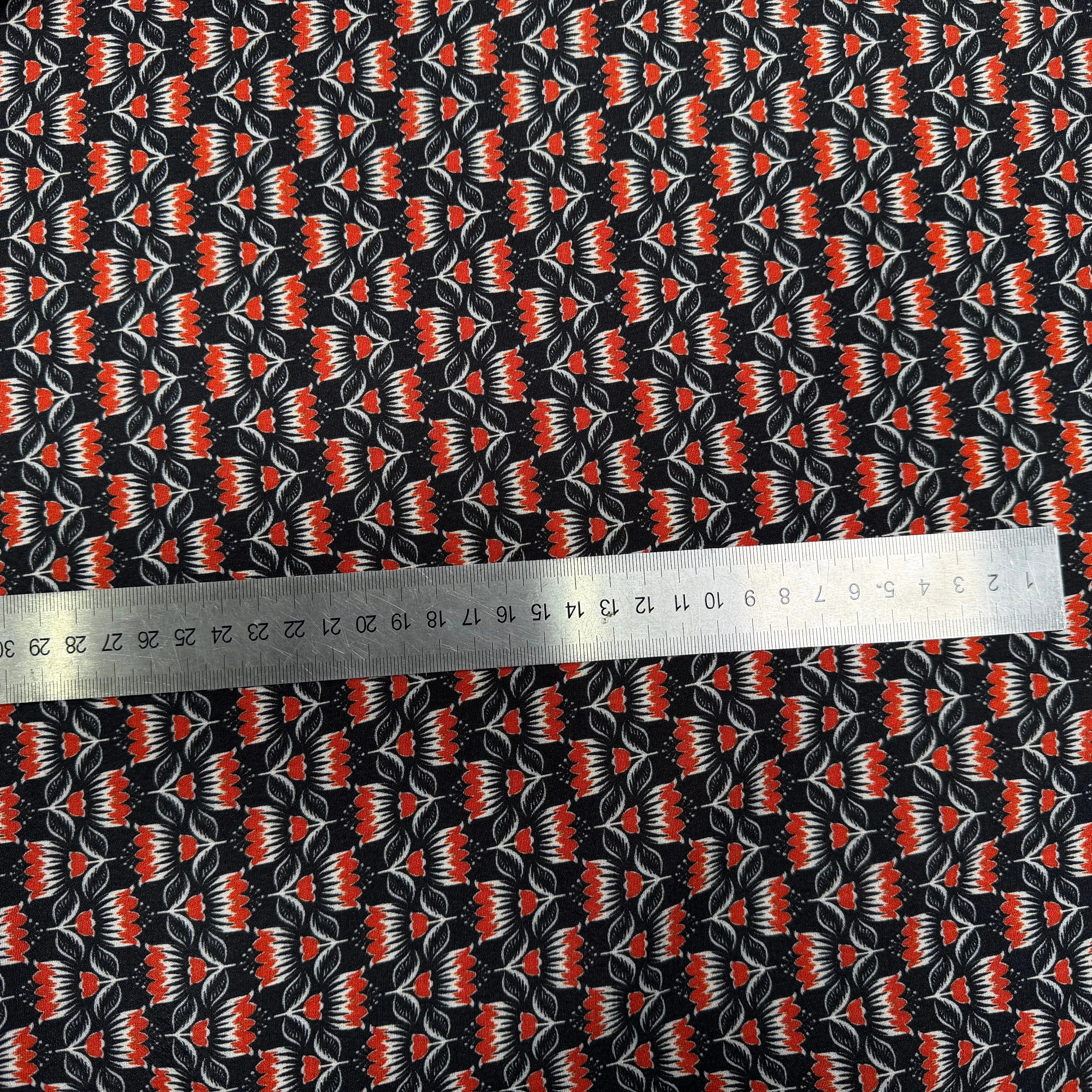 CREPE MAROCAIN VISCOSE QUALITÉ COMO NOIR FLORALIE ORANGE - My Little Coupon