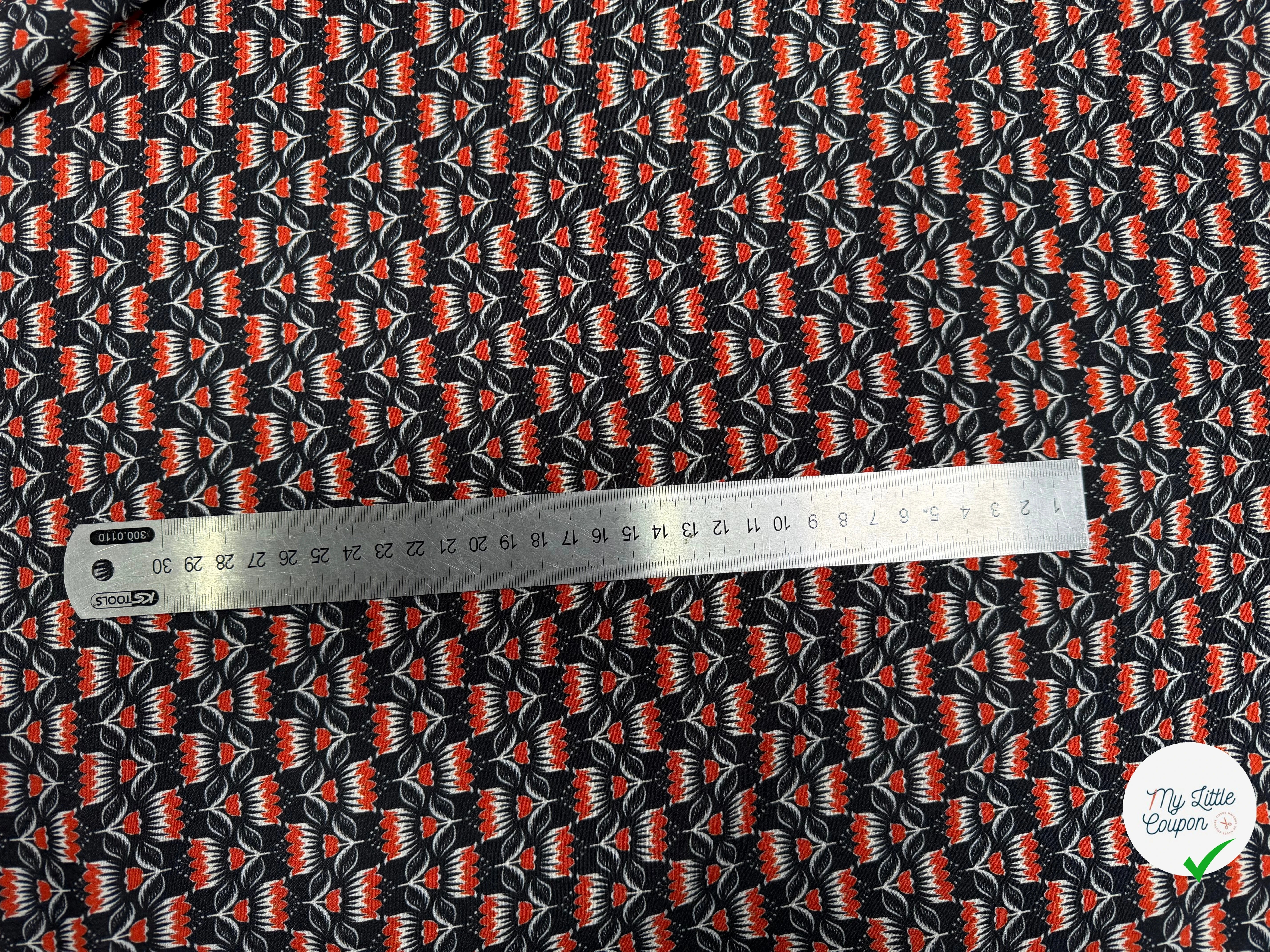 CREPE MAROCAIN VISCOSE QUALITÉ COMO NOIR FLORALIE ORANGE - My Little Coupon