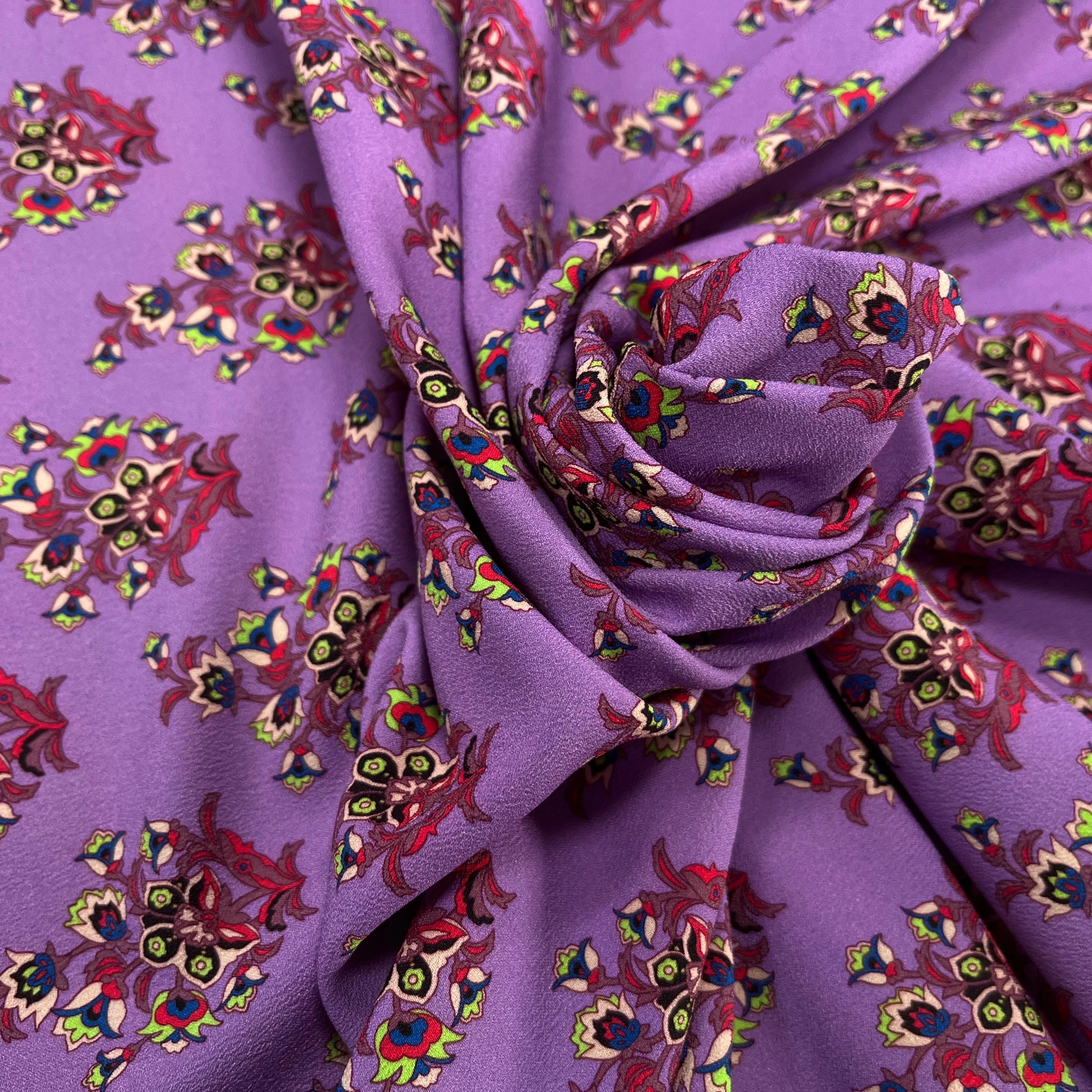 CREPE POLYESTER IMPRIMÉ FLEURS FOND VIOLET 148CM - My Little Coupon