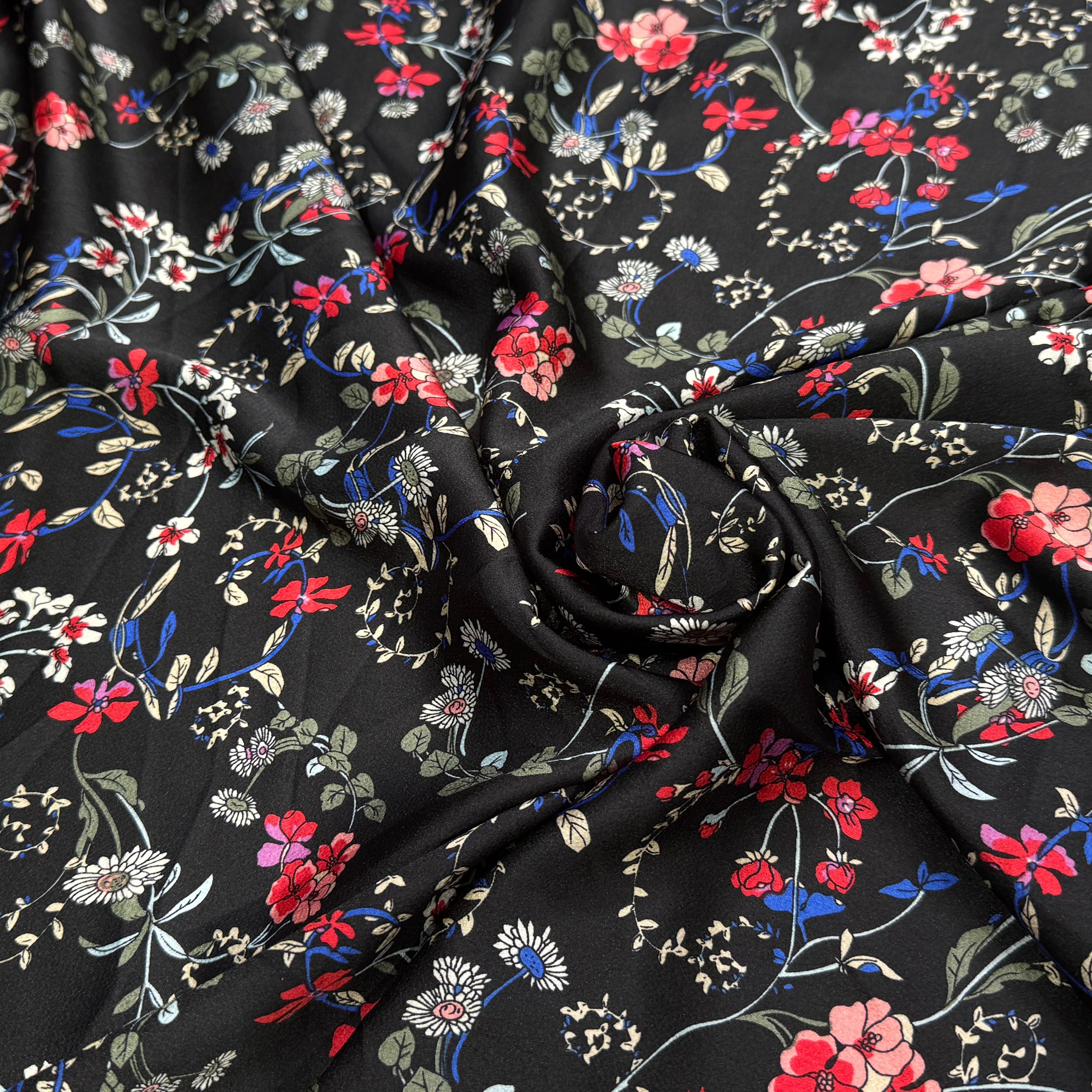 CREPE SATINÉ JOLIES FLEURS MULTICOLORS ROSE KAKI&BLEU - My Little Coupon