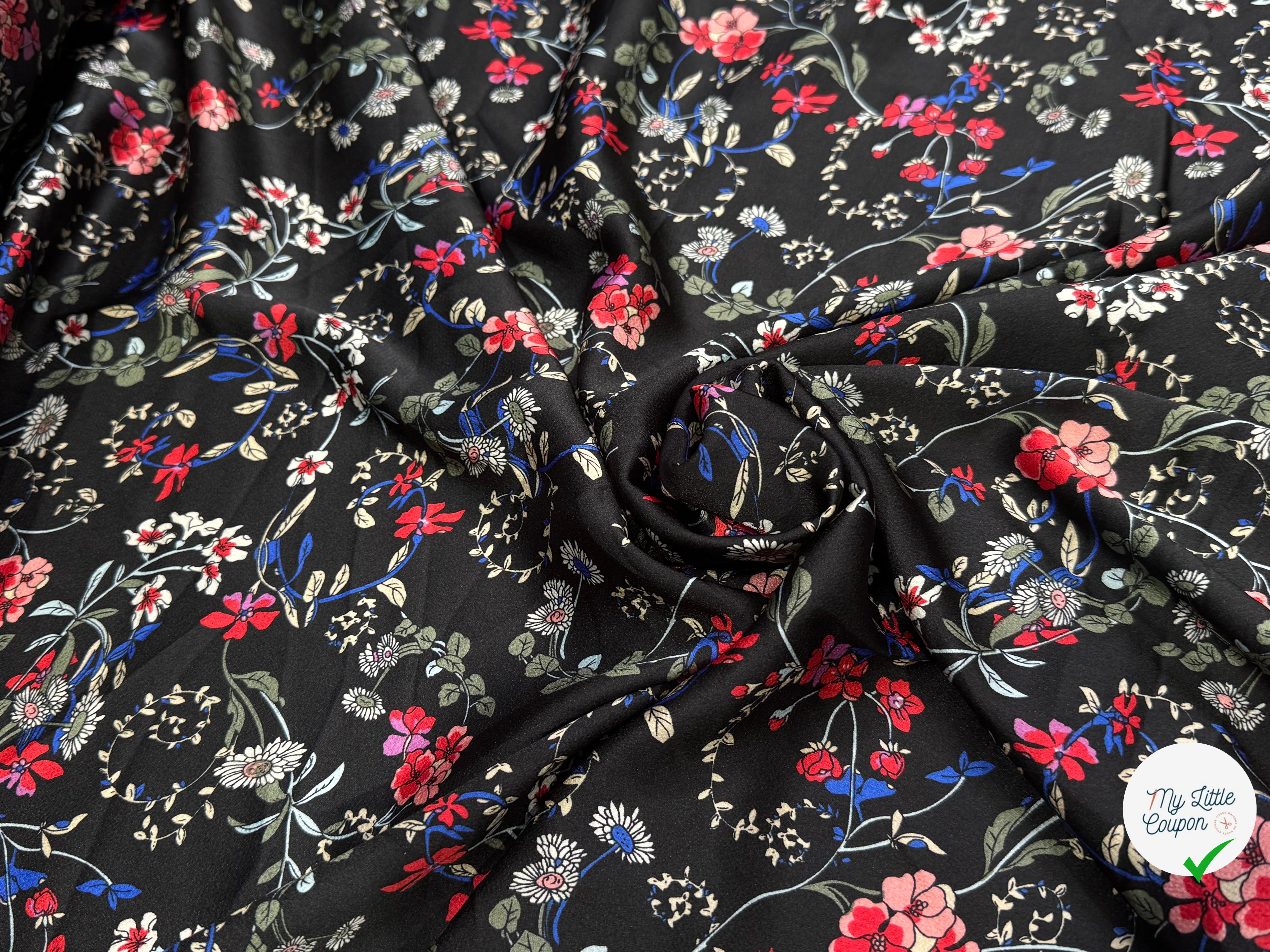 CREPE SATINÉ JOLIES FLEURS MULTICOLORS ROSE KAKI&BLEU - My Little Coupon