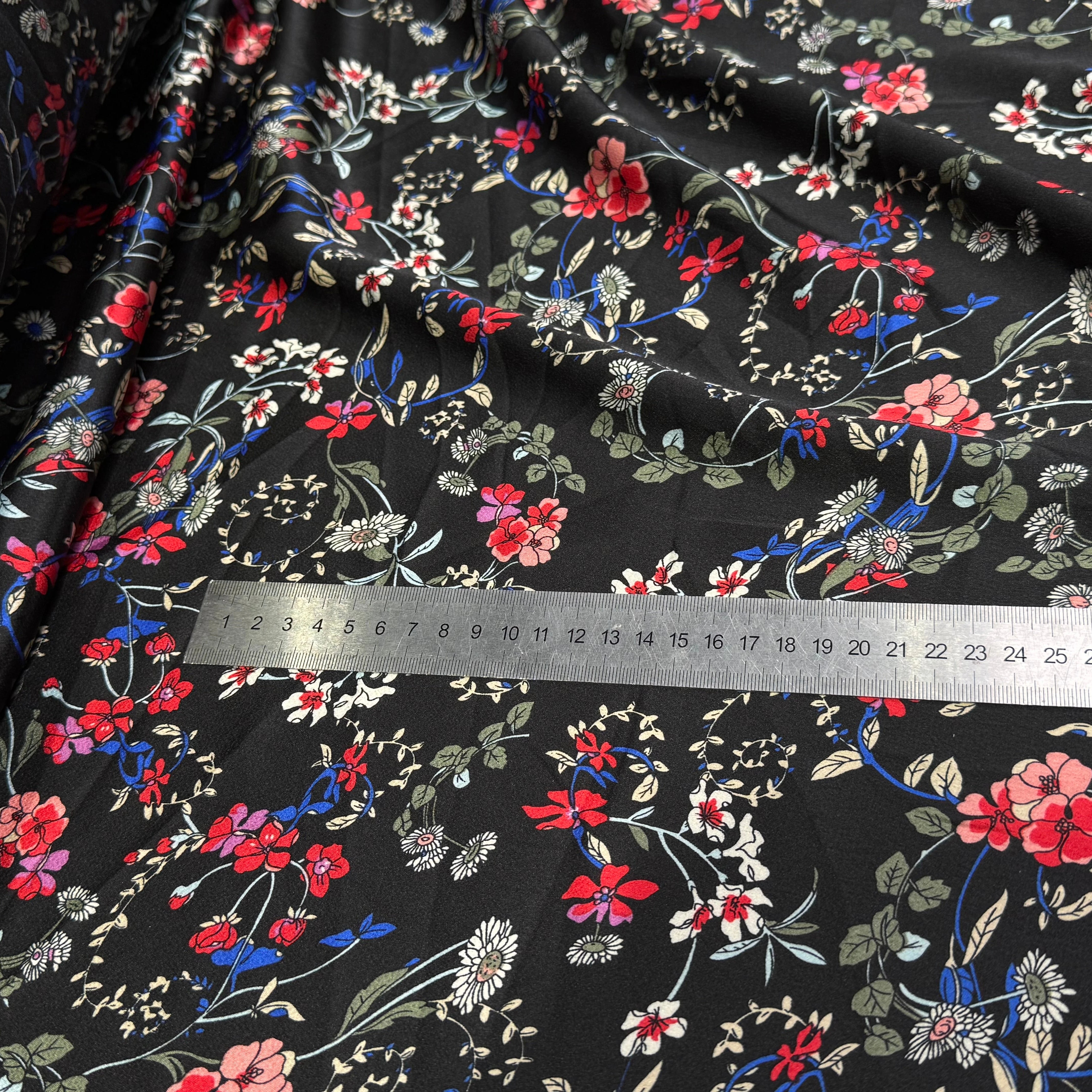 CREPE SATINÉ JOLIES FLEURS MULTICOLORS ROSE KAKI&BLEU - My Little Coupon