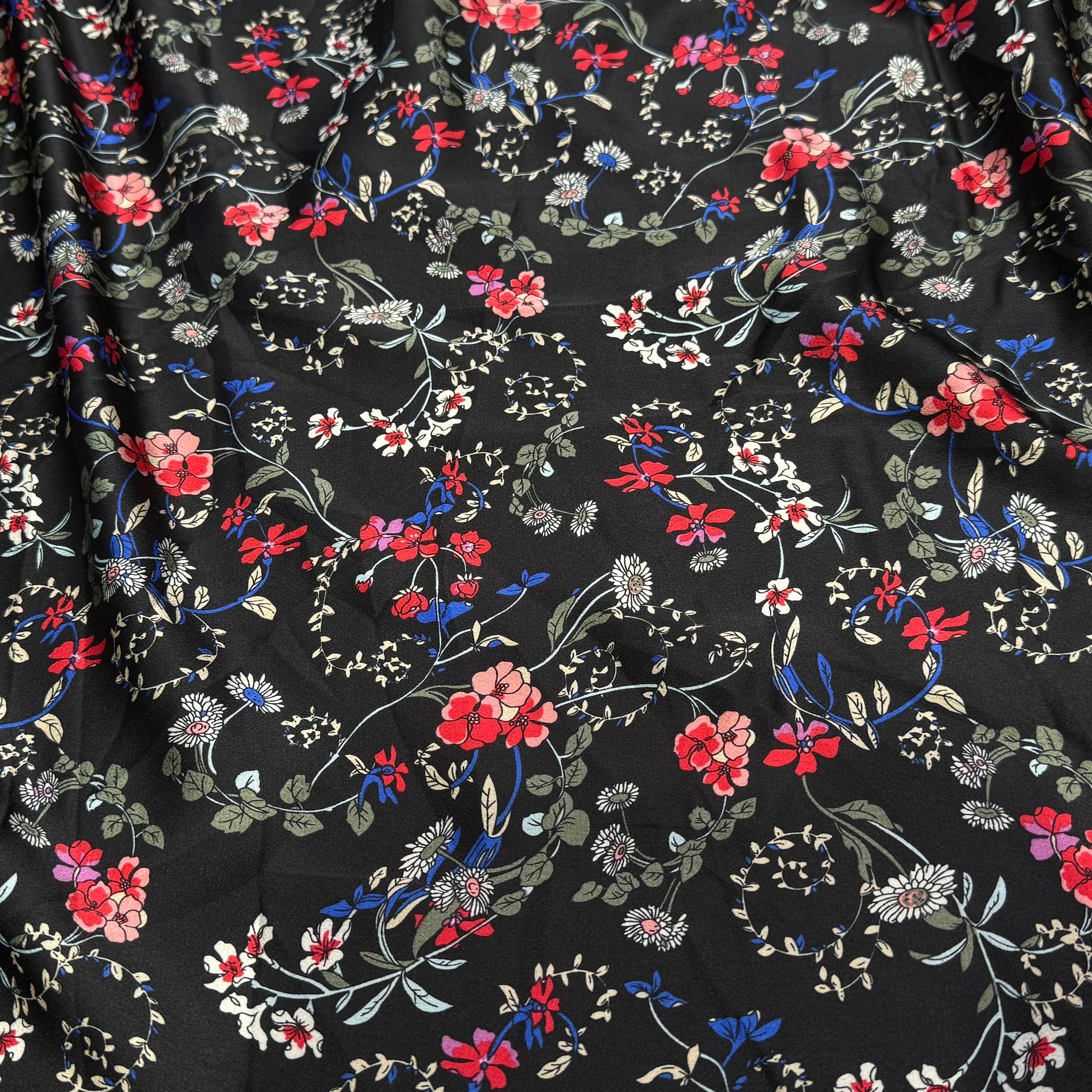 CREPE SATINÉ JOLIES FLEURS MULTICOLORS ROSE KAKI&BLEU - My Little Coupon