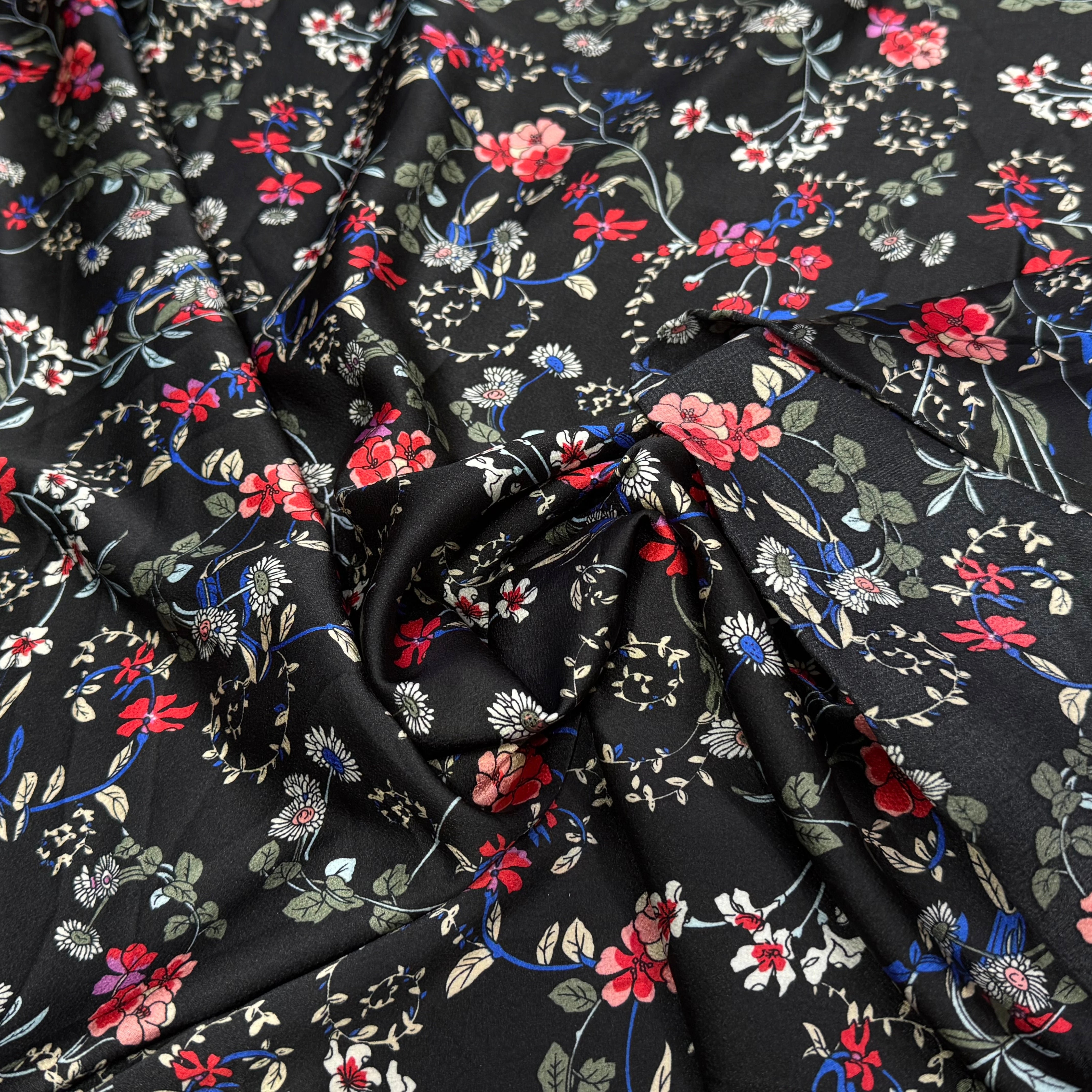 CREPE SATINÉ JOLIES FLEURS MULTICOLORS ROSE KAKI&BLEU - My Little Coupon
