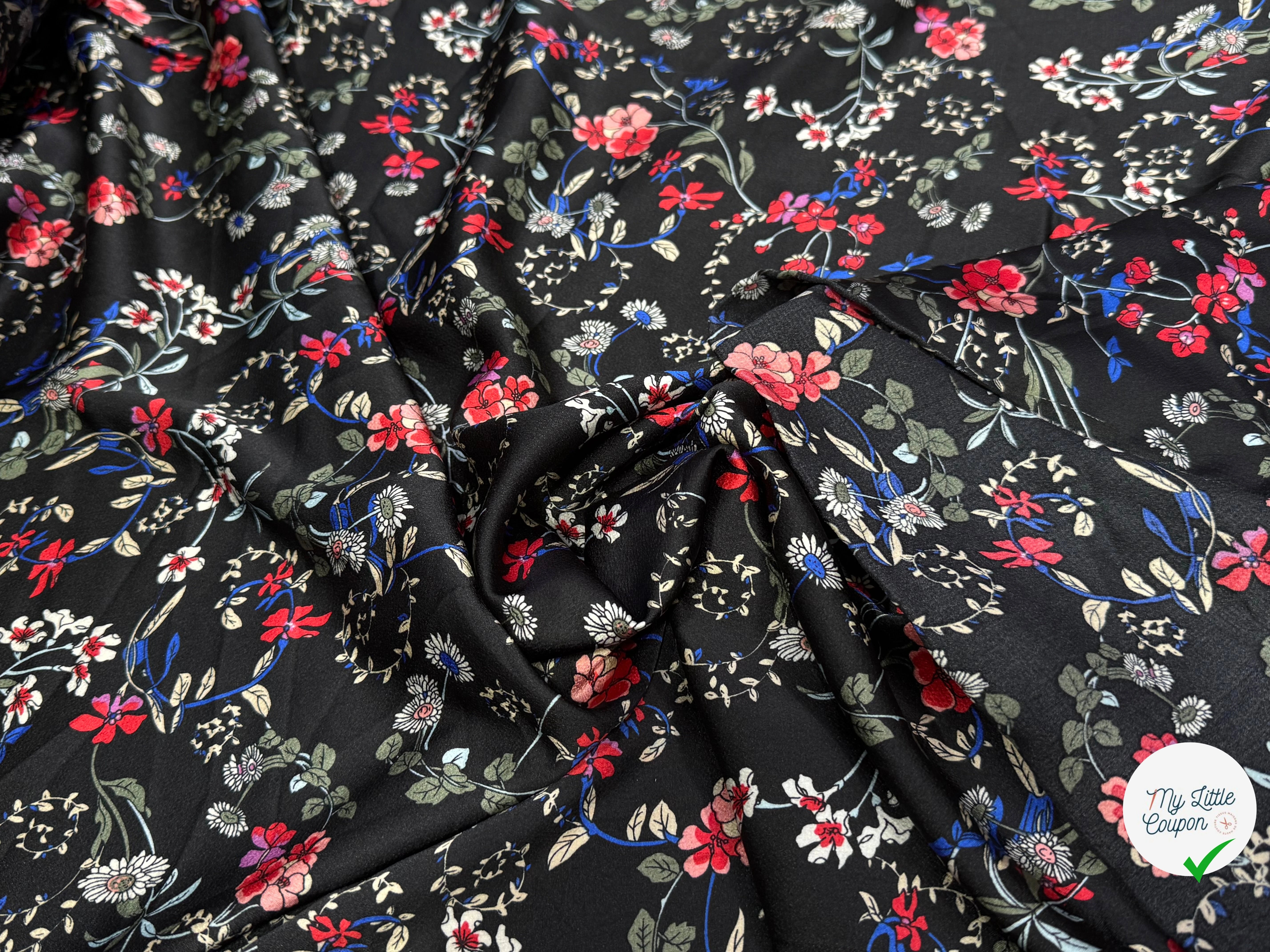CREPE SATINÉ JOLIES FLEURS MULTICOLORS ROSE KAKI&BLEU - My Little Coupon