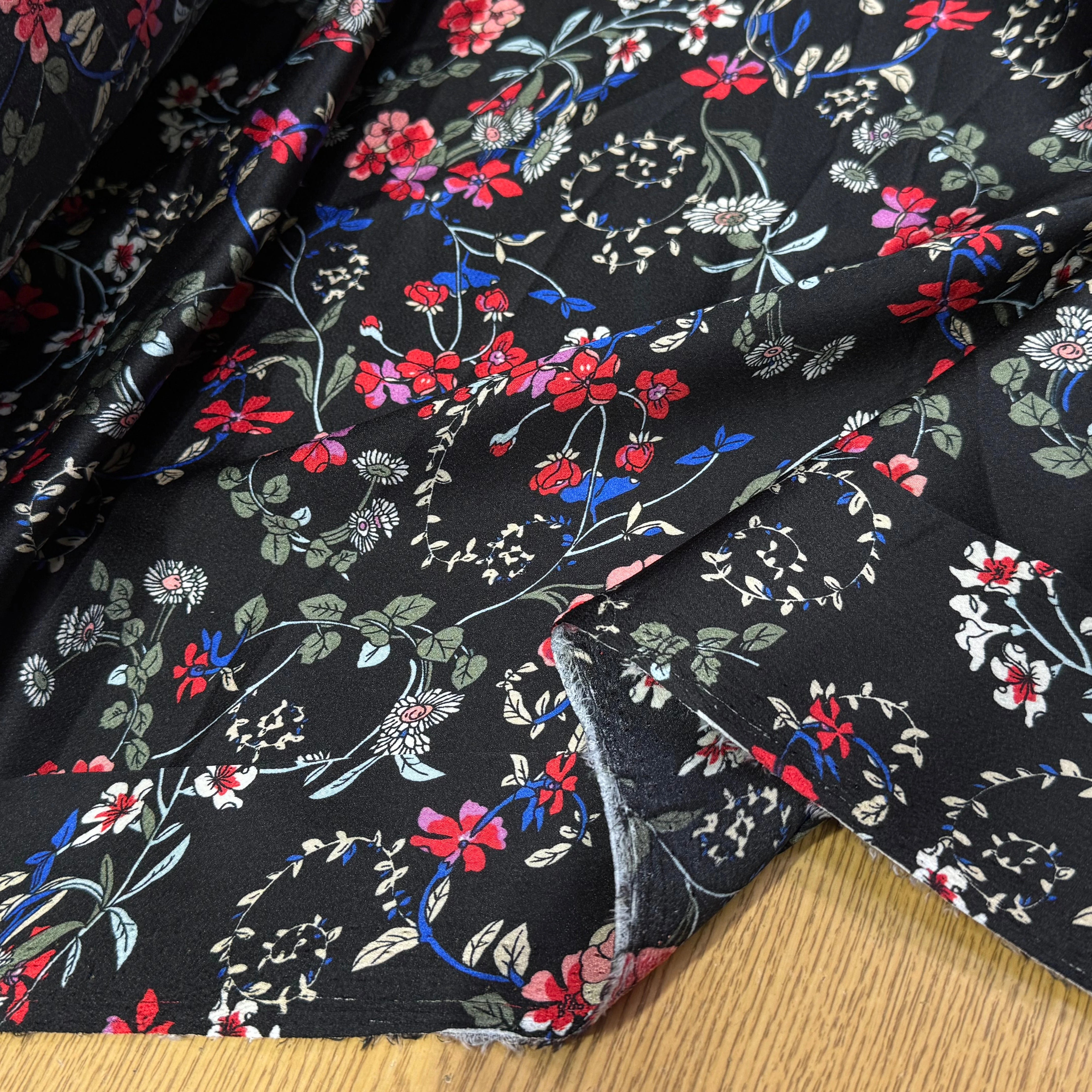 CREPE SATINÉ JOLIES FLEURS MULTICOLORS ROSE KAKI&BLEU - My Little Coupon