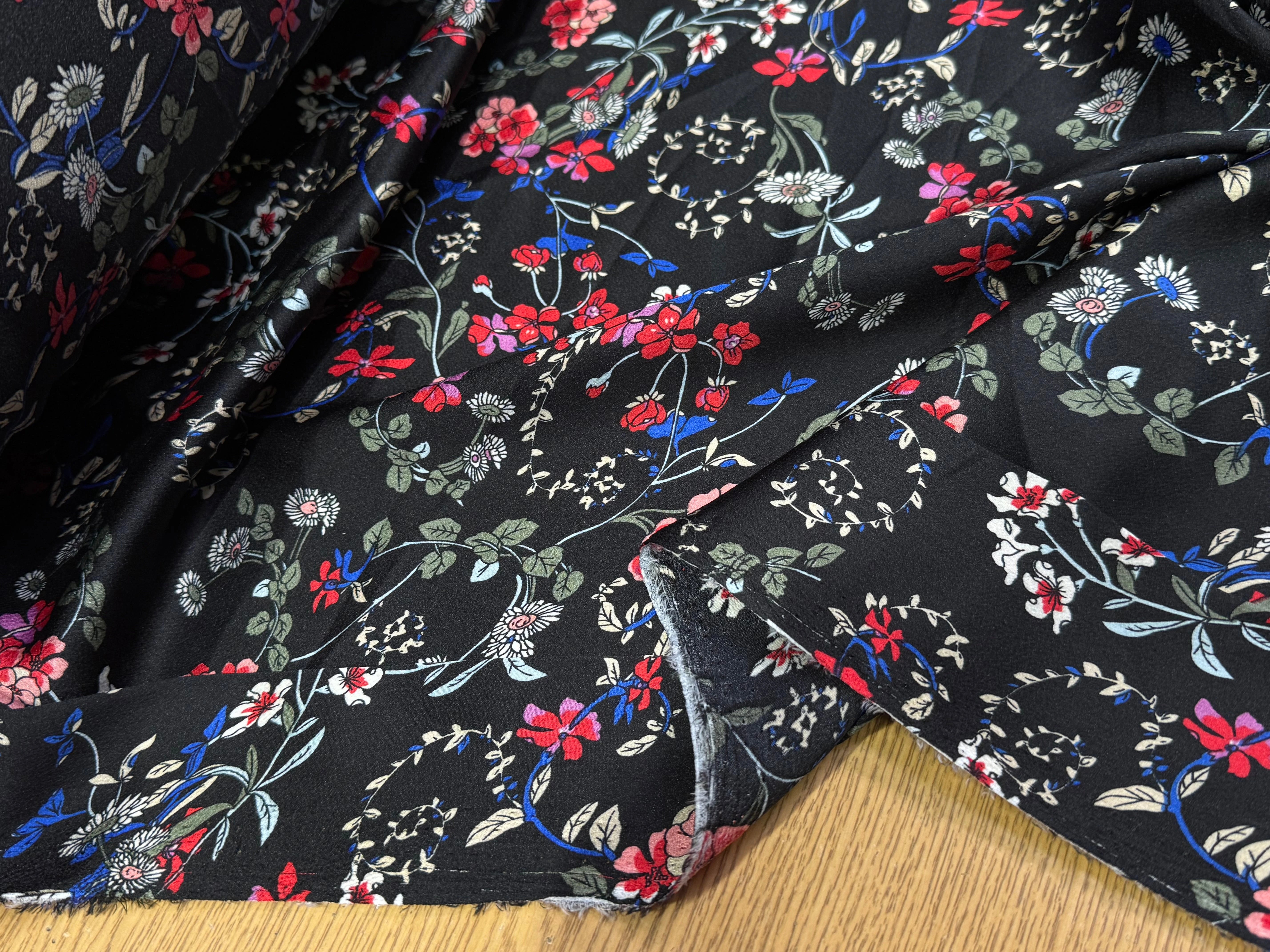 CREPE SATINÉ JOLIES FLEURS MULTICOLORS ROSE KAKI&BLEU - My Little Coupon