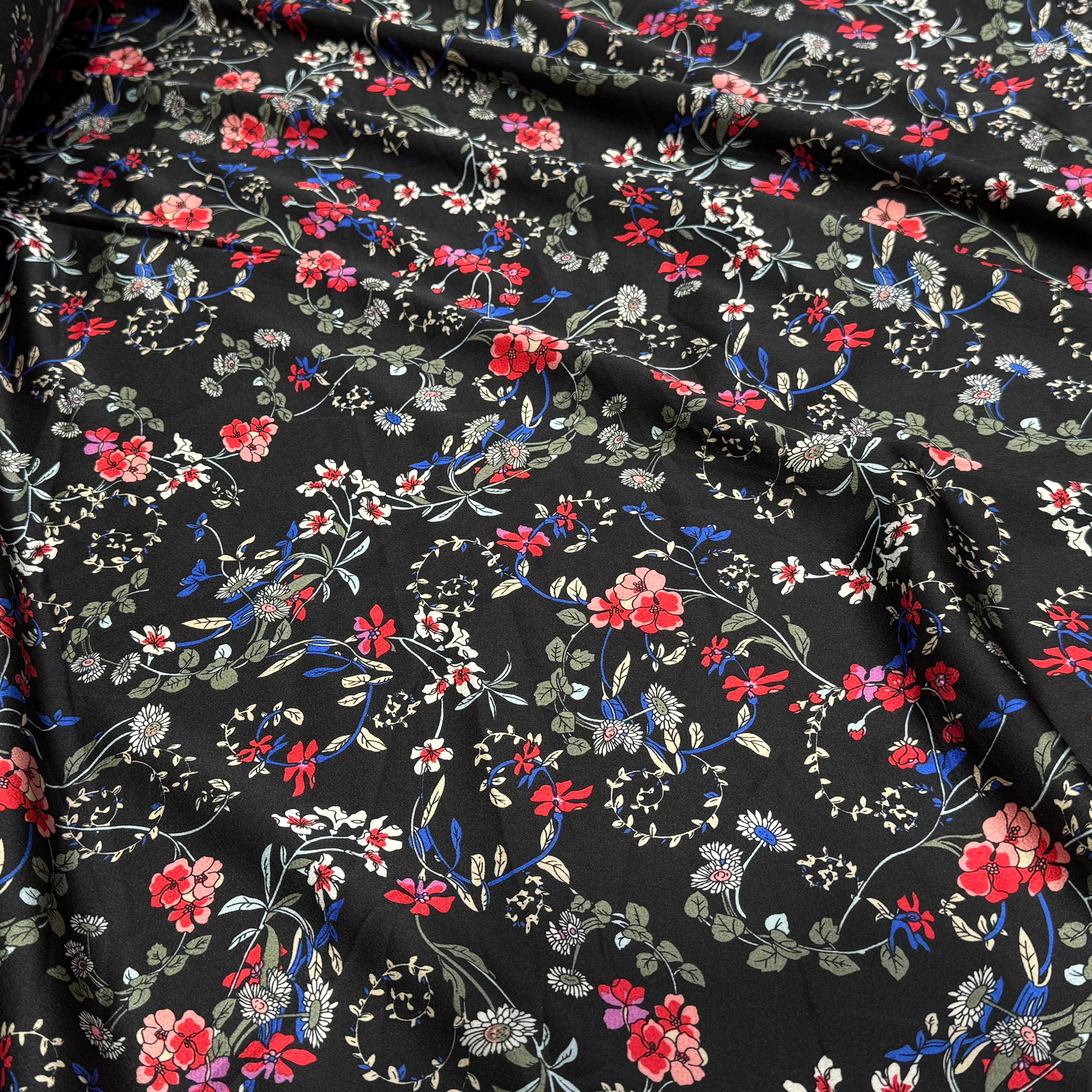 CREPE SATINÉ JOLIES FLEURS MULTICOLORS ROSE KAKI&BLEU - My Little Coupon