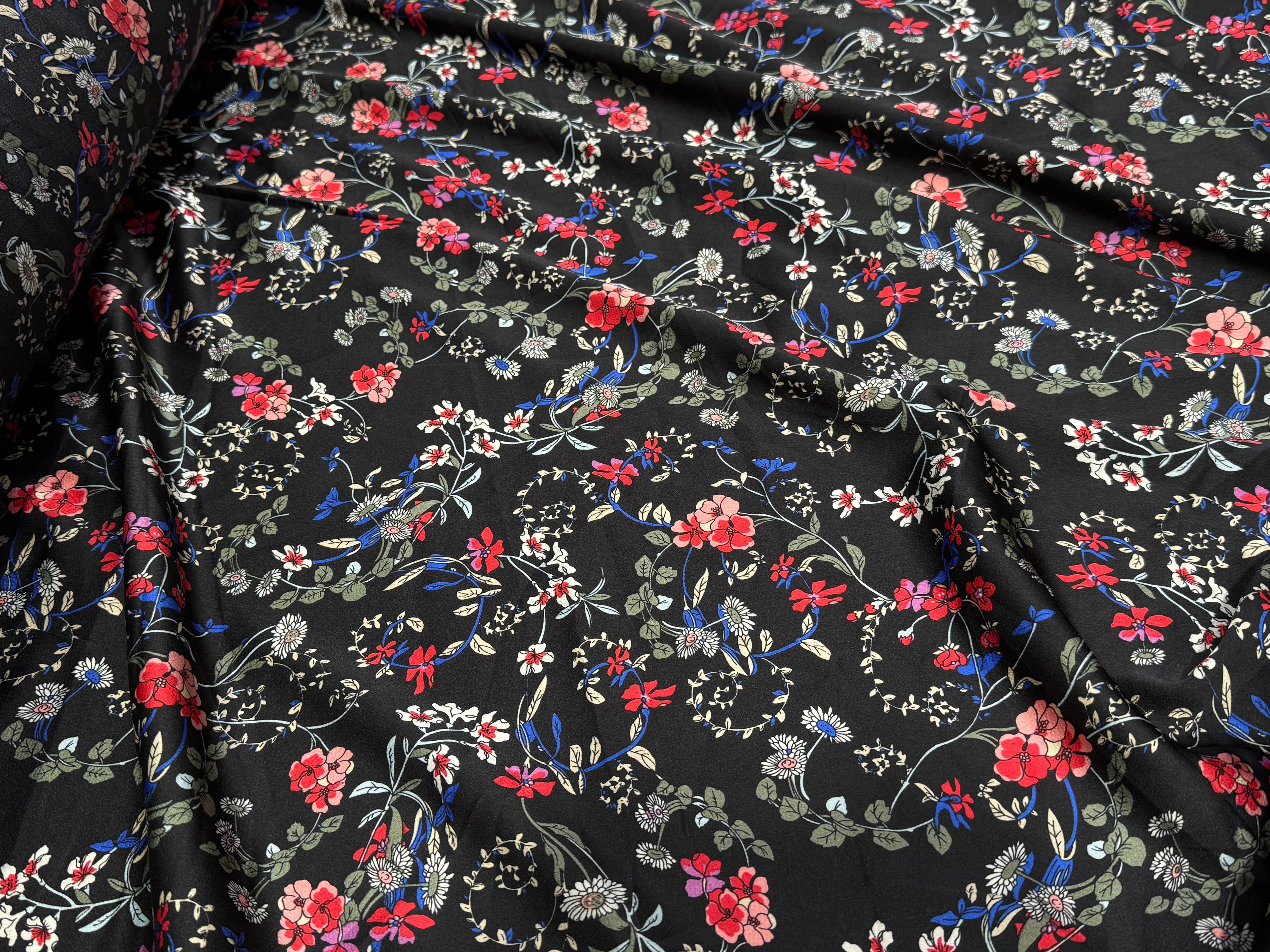 CREPE SATINÉ JOLIES FLEURS MULTICOLORS ROSE KAKI&BLEU - My Little Coupon