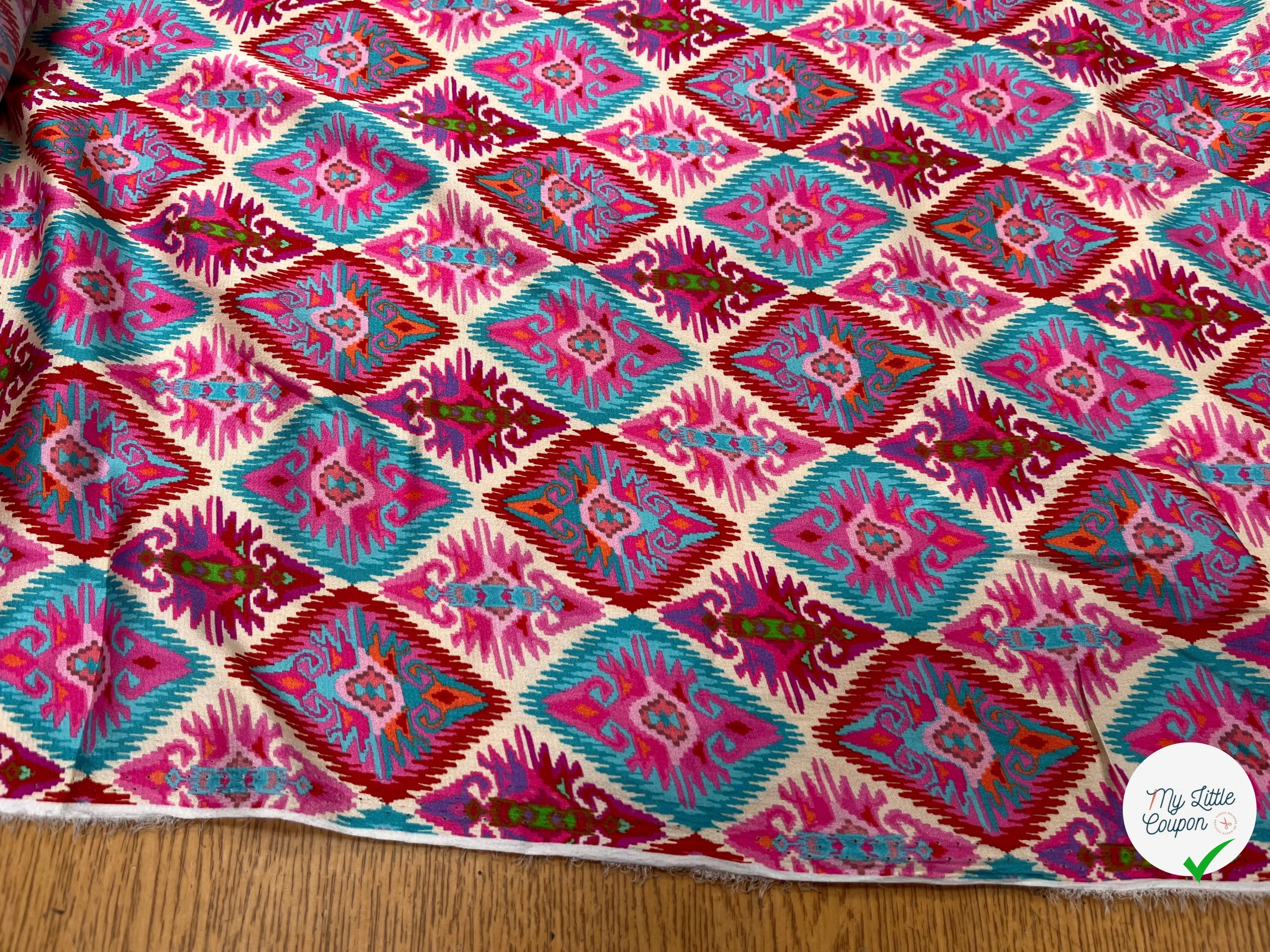 CREPE SATINÉ MOTIFS MULTICOLORES GÉOMETRIQUE - My Little Coupon