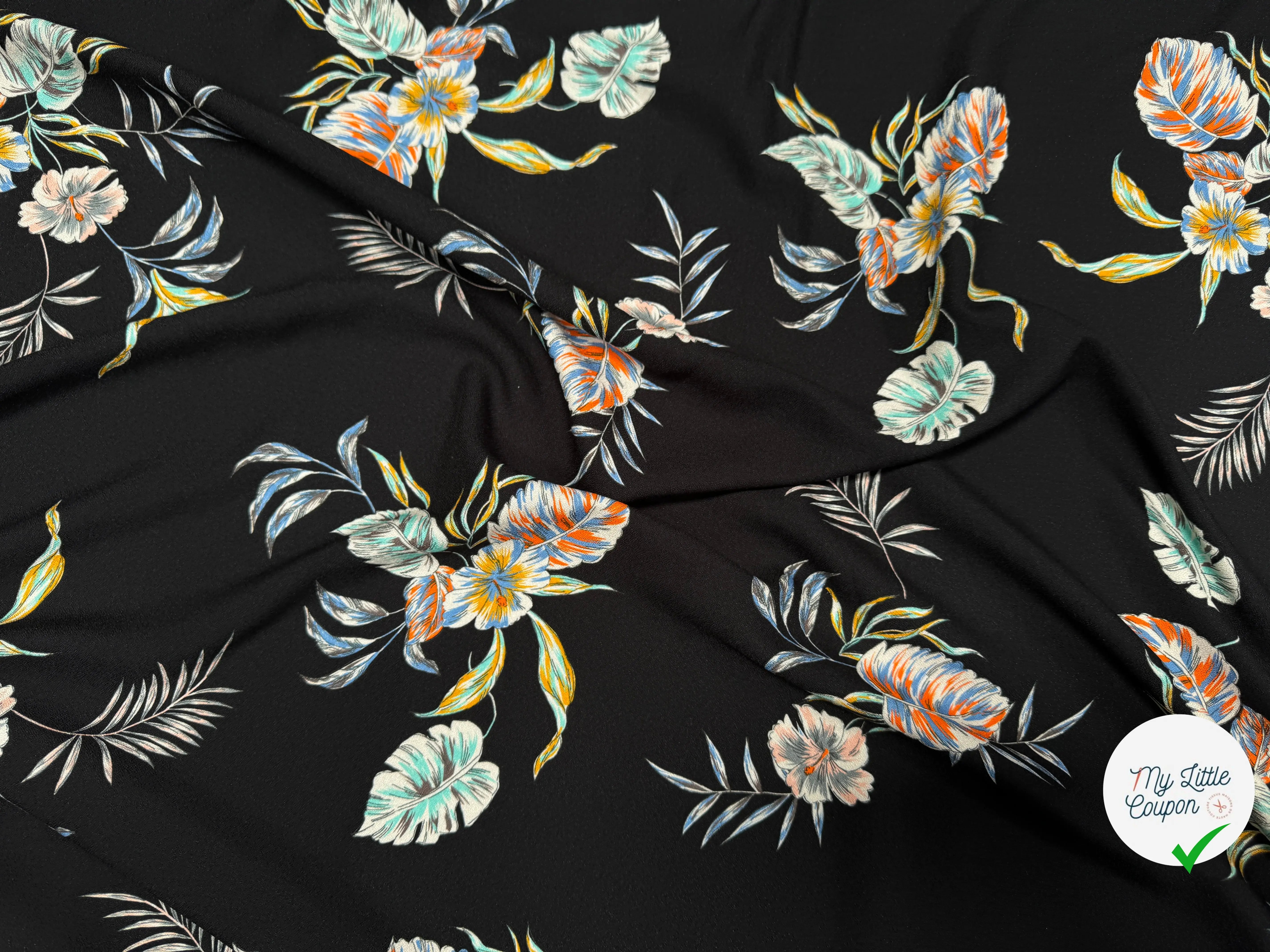 CREPE TESSUTO 100%VISCOSE FOND NOIR AVEC FEUILLES - My Little Coupon