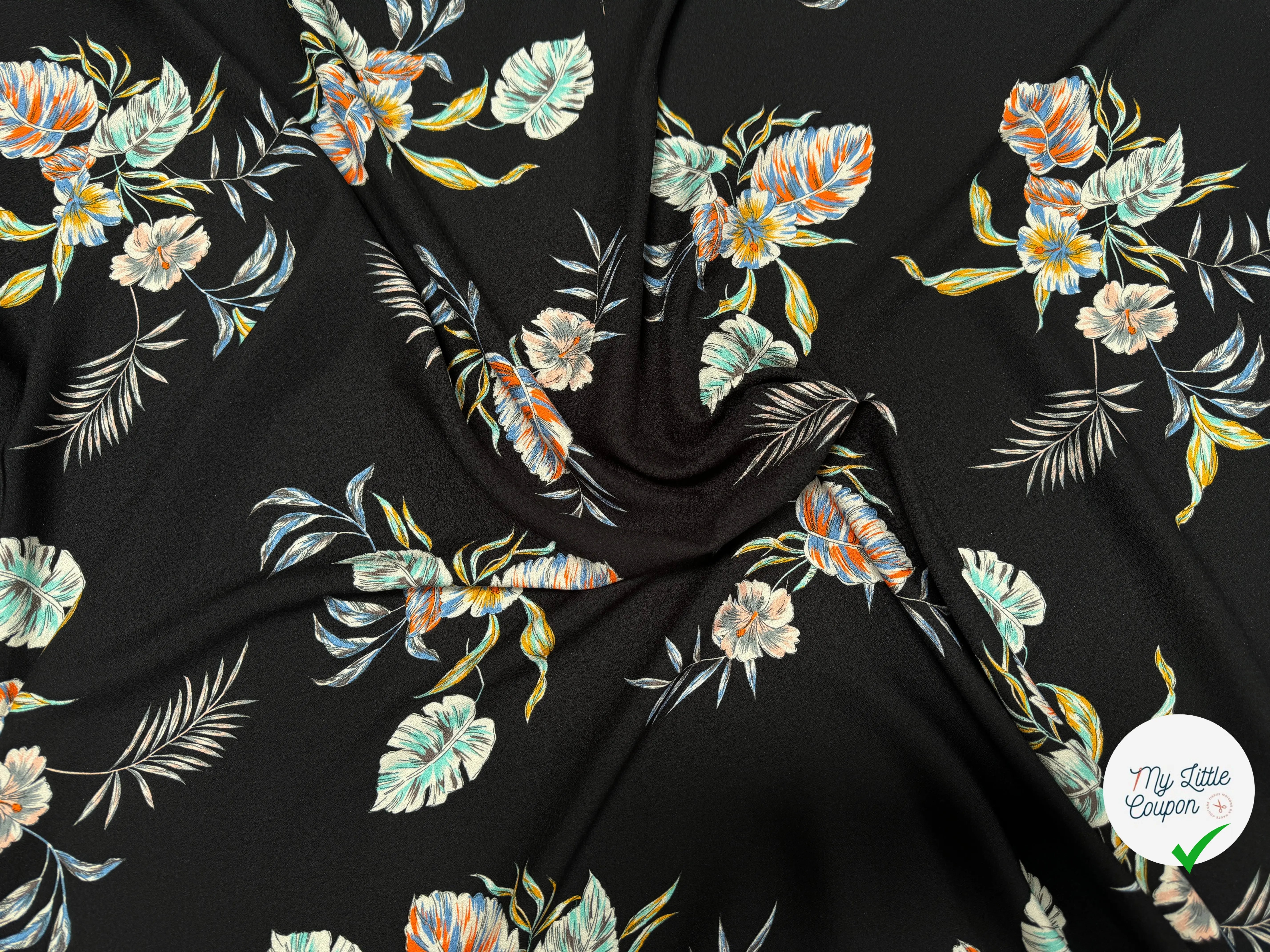 CREPE TESSUTO 100%VISCOSE FOND NOIR AVEC FEUILLES - My Little Coupon