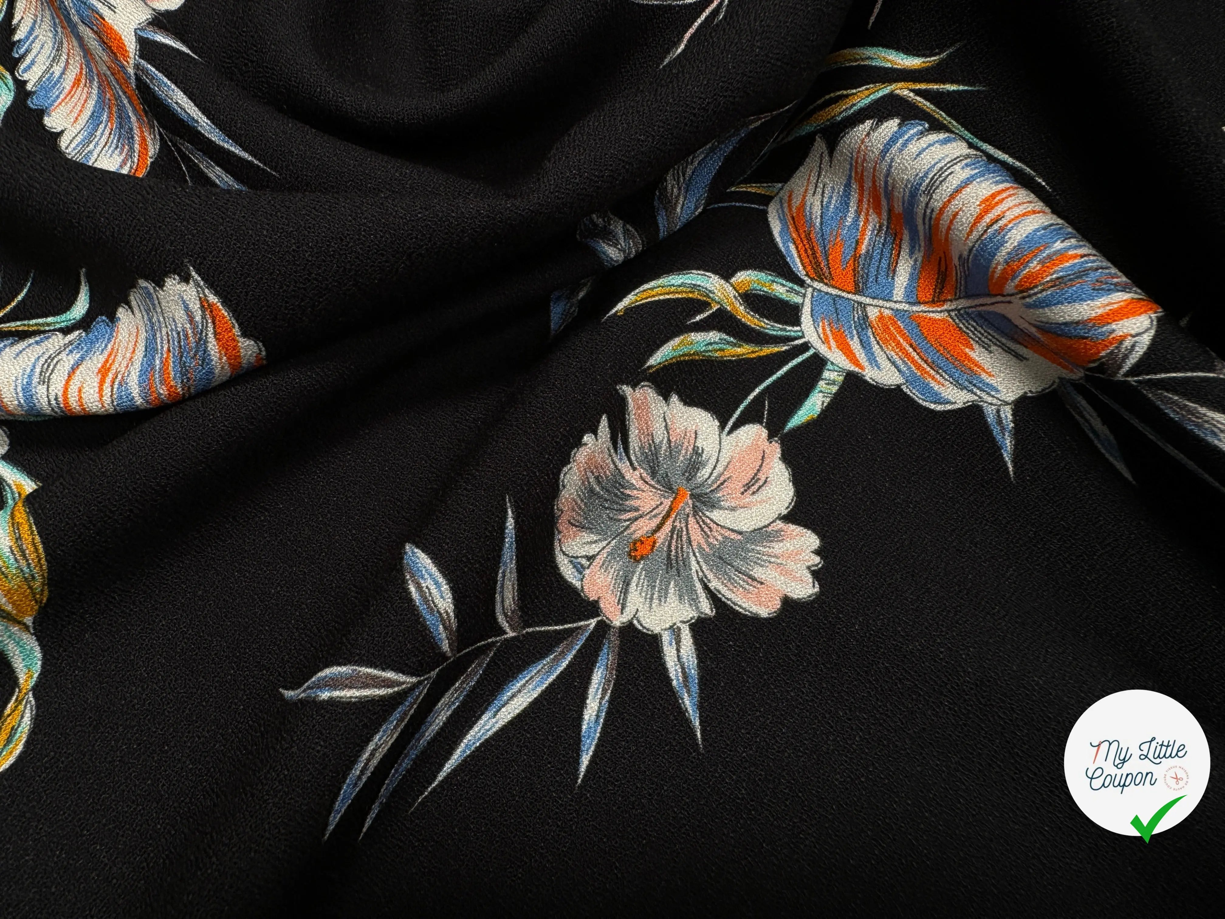 CREPE TESSUTO 100%VISCOSE FOND NOIR AVEC FEUILLES - My Little Coupon