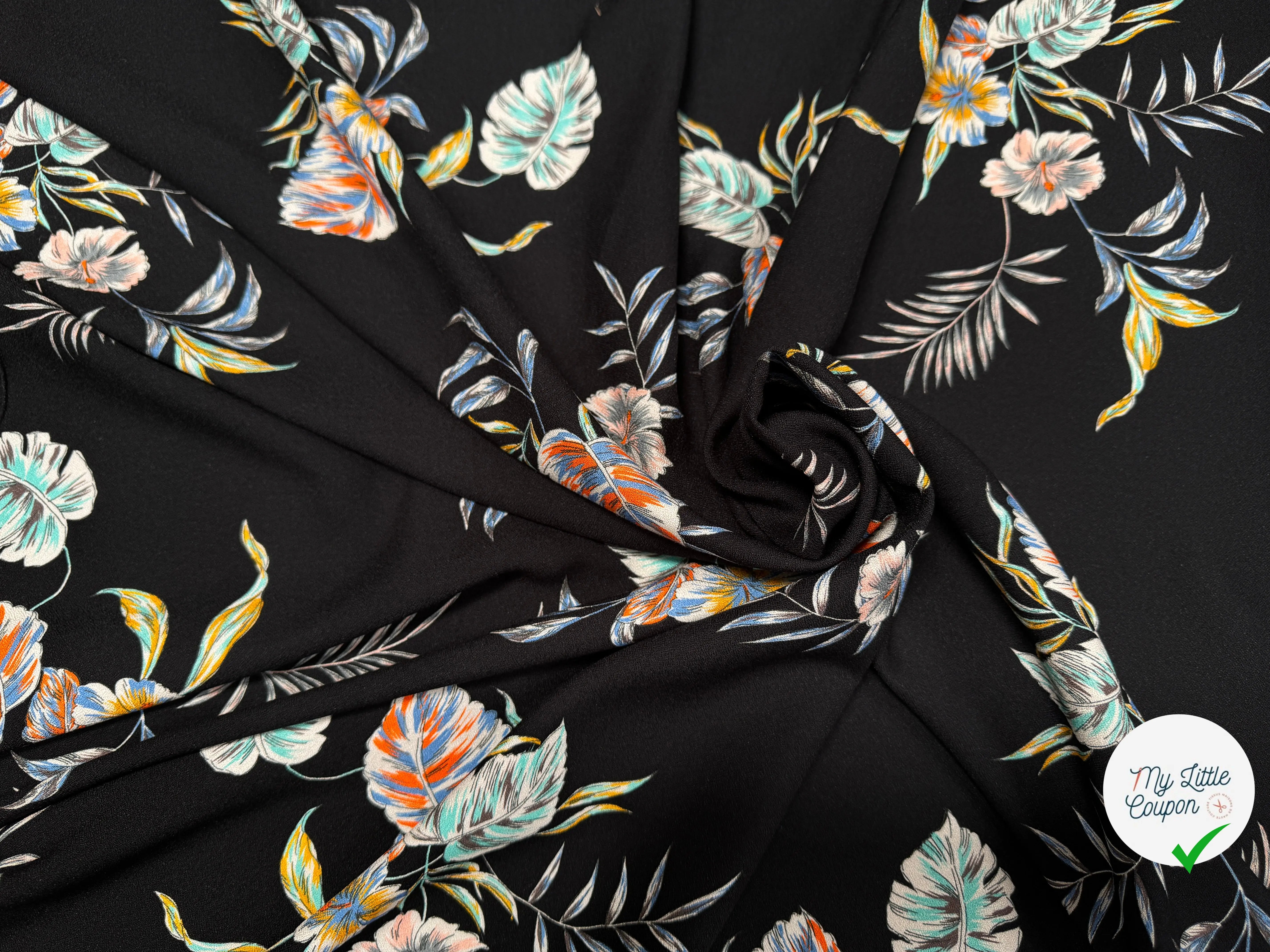 CREPE TESSUTO 100%VISCOSE FOND NOIR AVEC FEUILLES - My Little Coupon