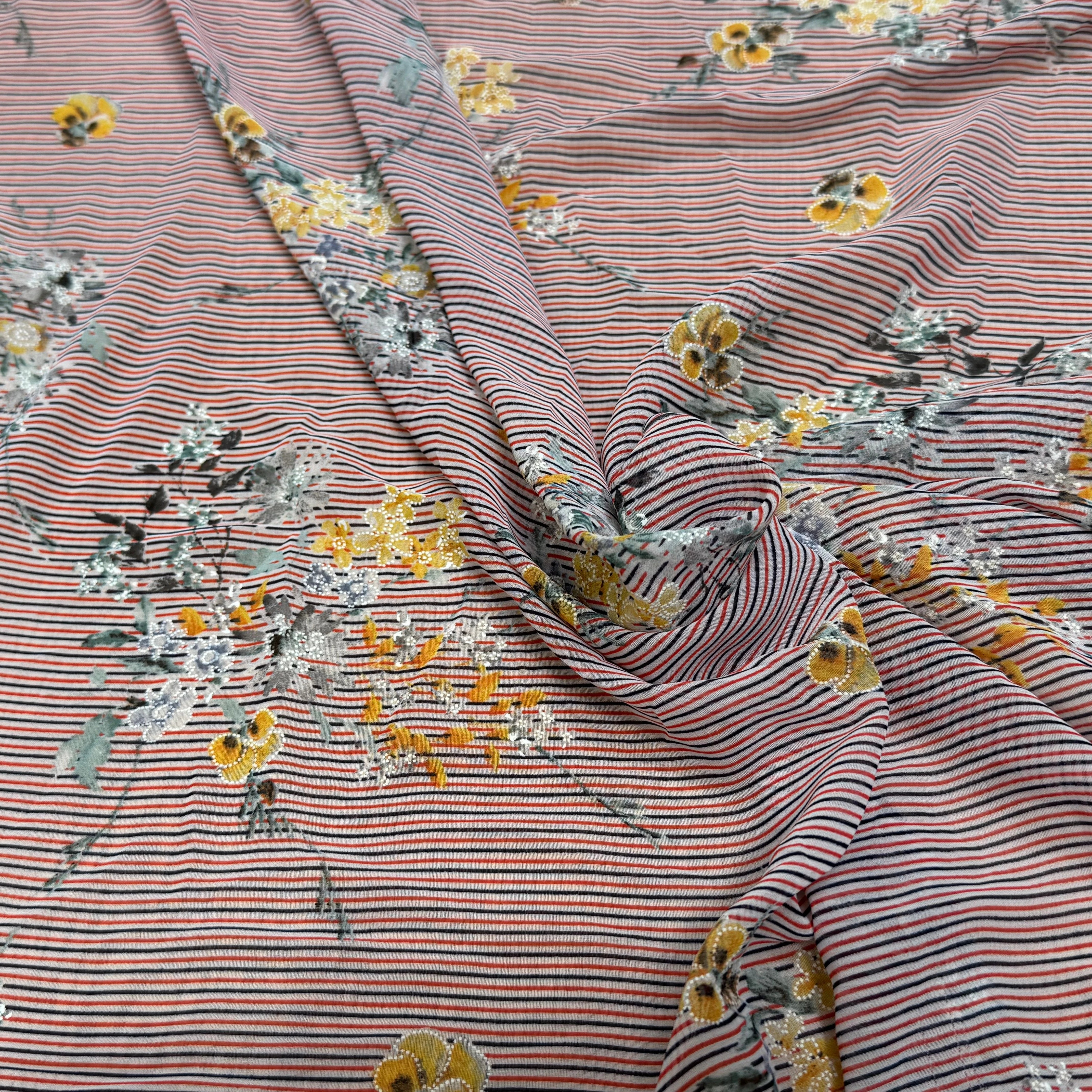 CREPE ULTRA FIN FOND BLANC À RAYURES MOTIFS FLORAUX JAUNE - My Little Coupon