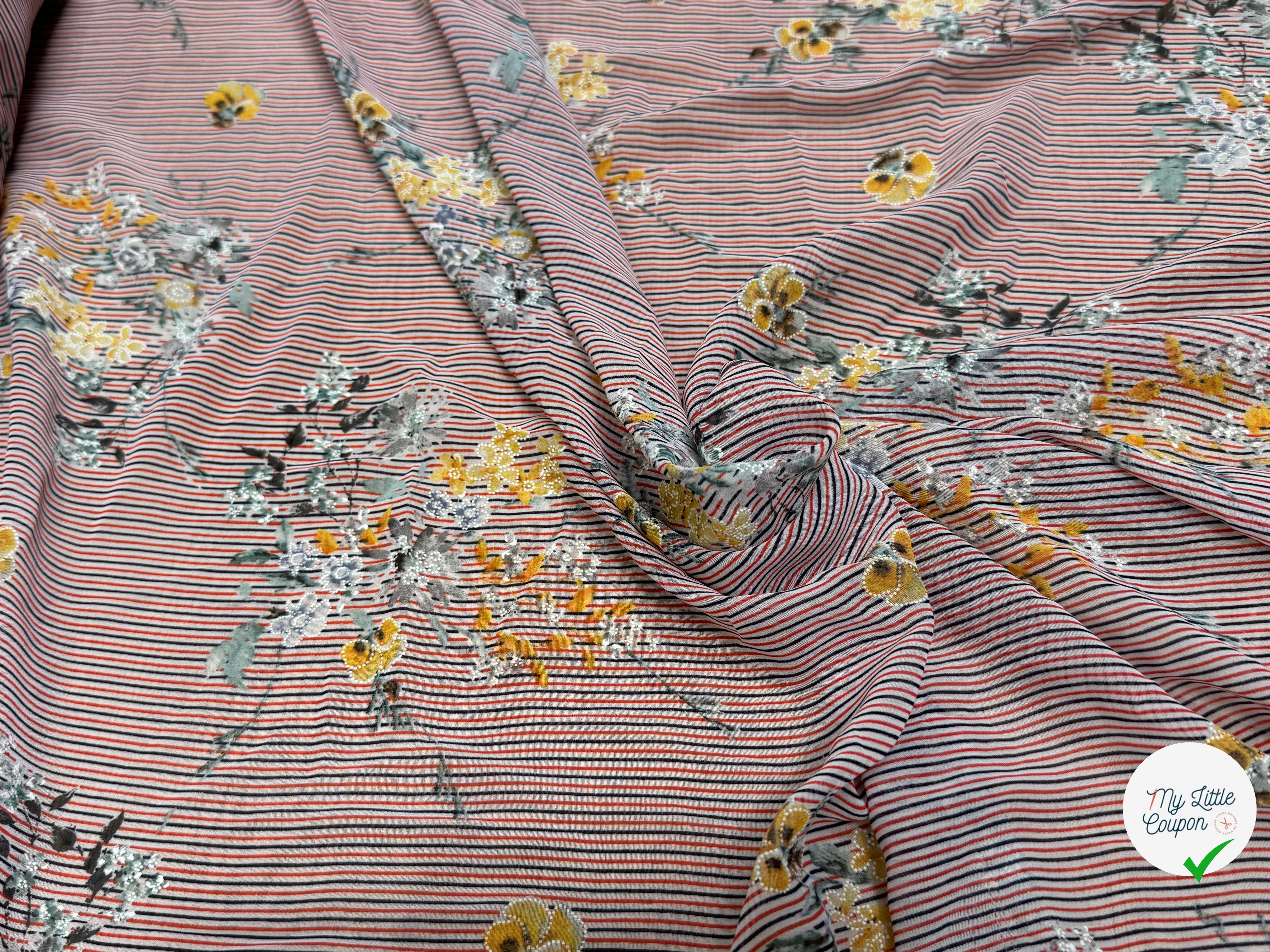 CREPE ULTRA FIN FOND BLANC À RAYURES MOTIFS FLORAUX JAUNE - My Little Coupon