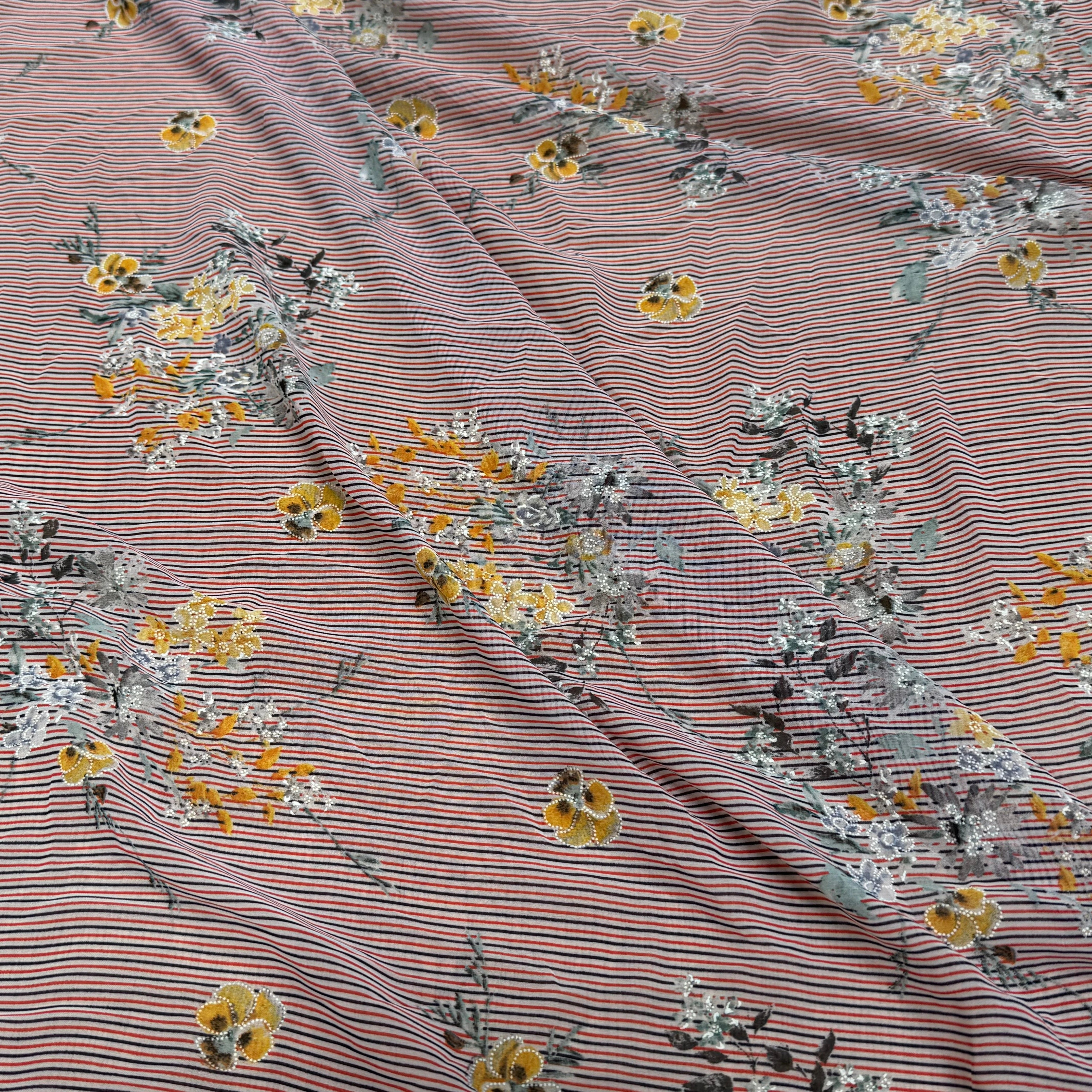 CREPE ULTRA FIN FOND BLANC À RAYURES MOTIFS FLORAUX JAUNE - My Little Coupon