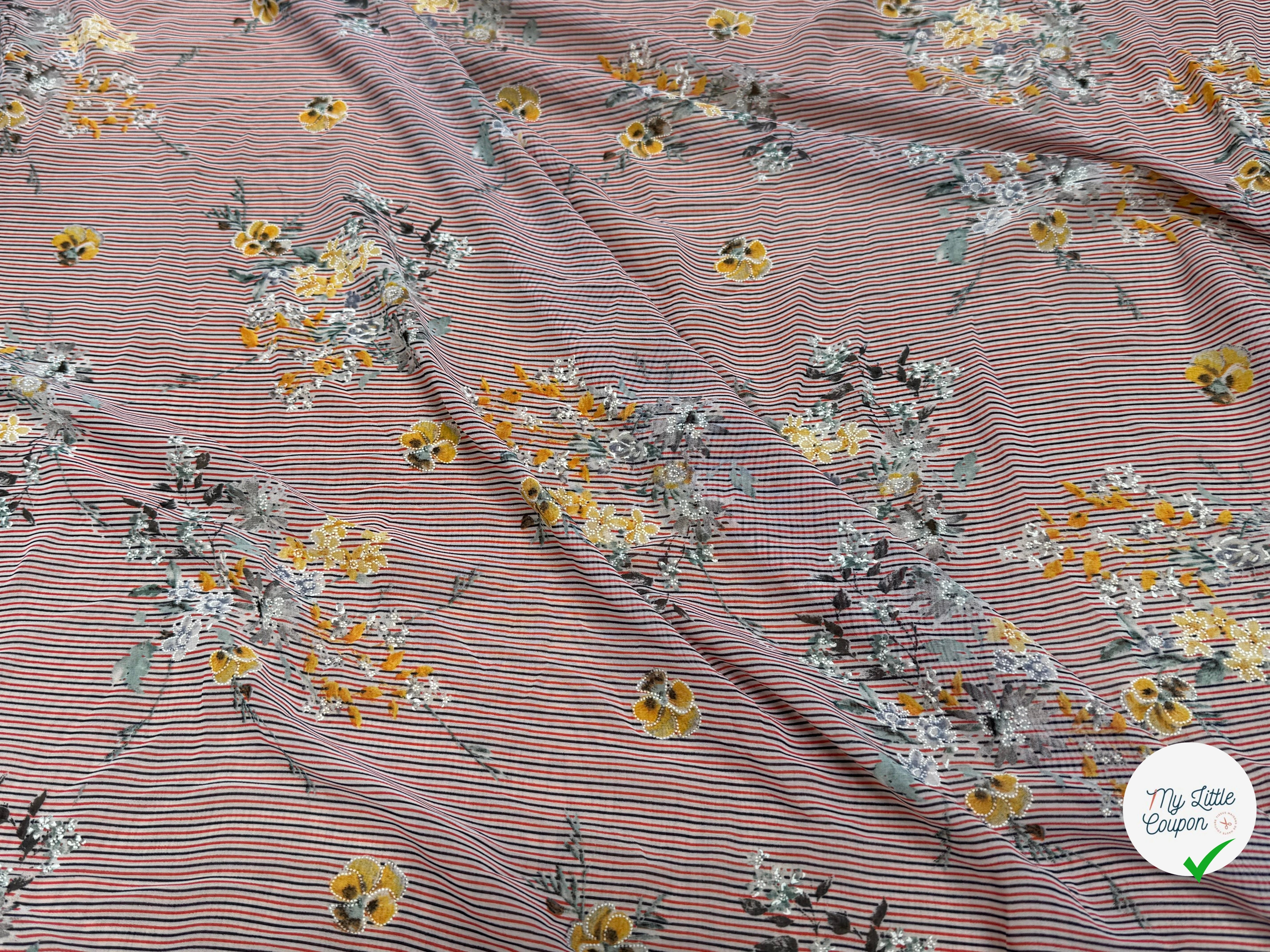 CREPE ULTRA FIN FOND BLANC À RAYURES MOTIFS FLORAUX JAUNE - My Little Coupon