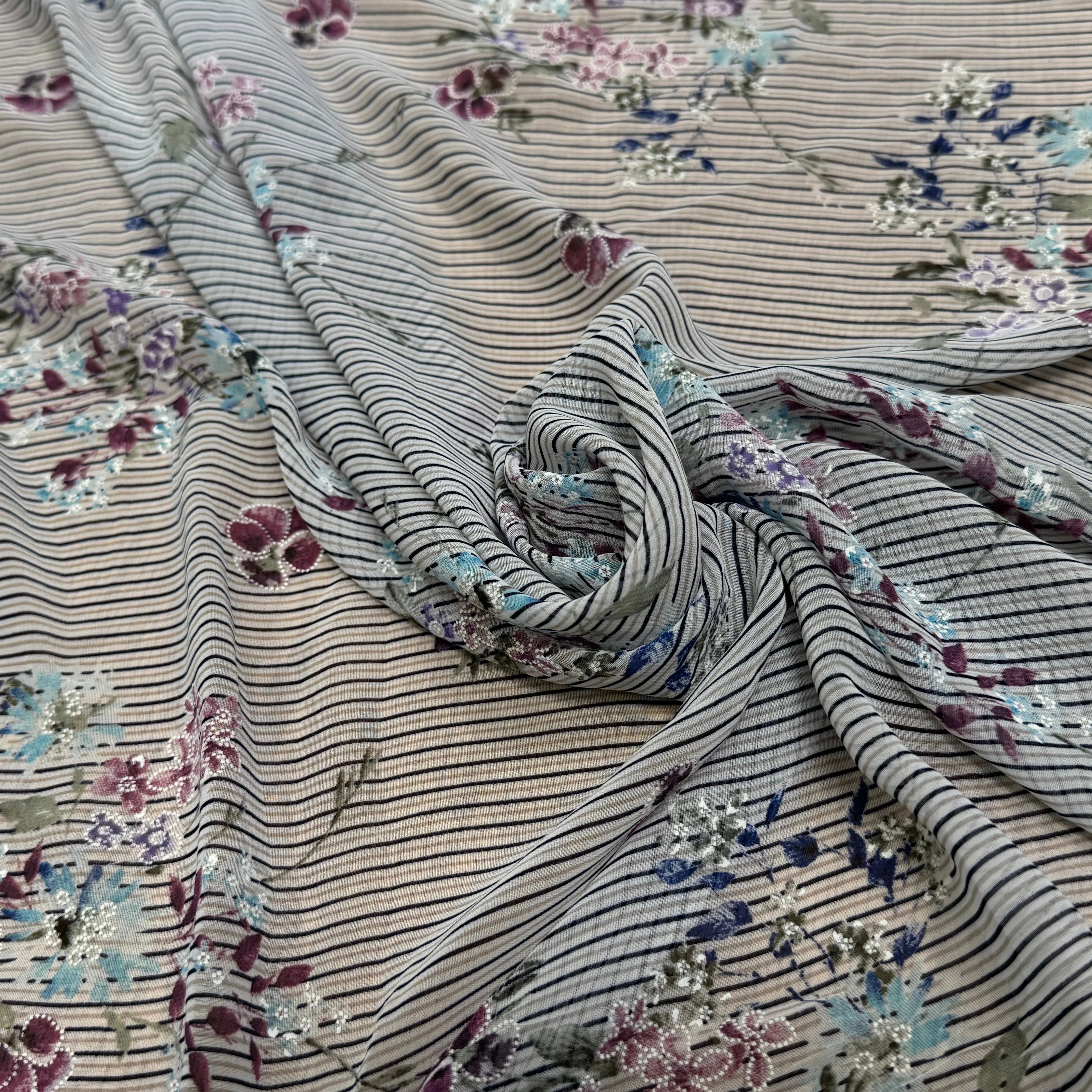 CREPE ULTRA FIN FOND BLANC À RAYURES MOTIFS FLORAUX VIOLET - My Little Coupon
