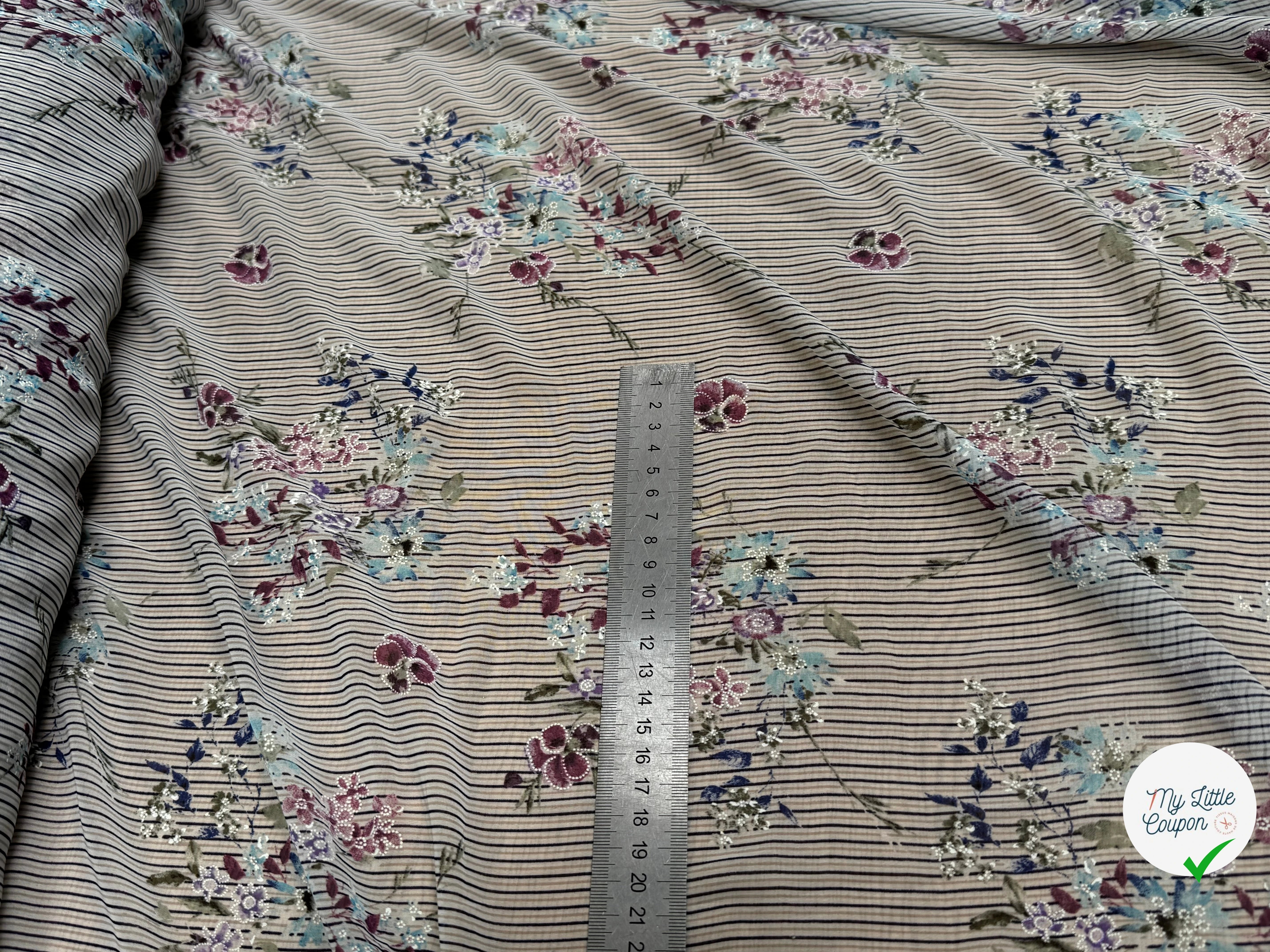 CREPE ULTRA FIN FOND BLANC À RAYURES MOTIFS FLORAUX VIOLET - My Little Coupon