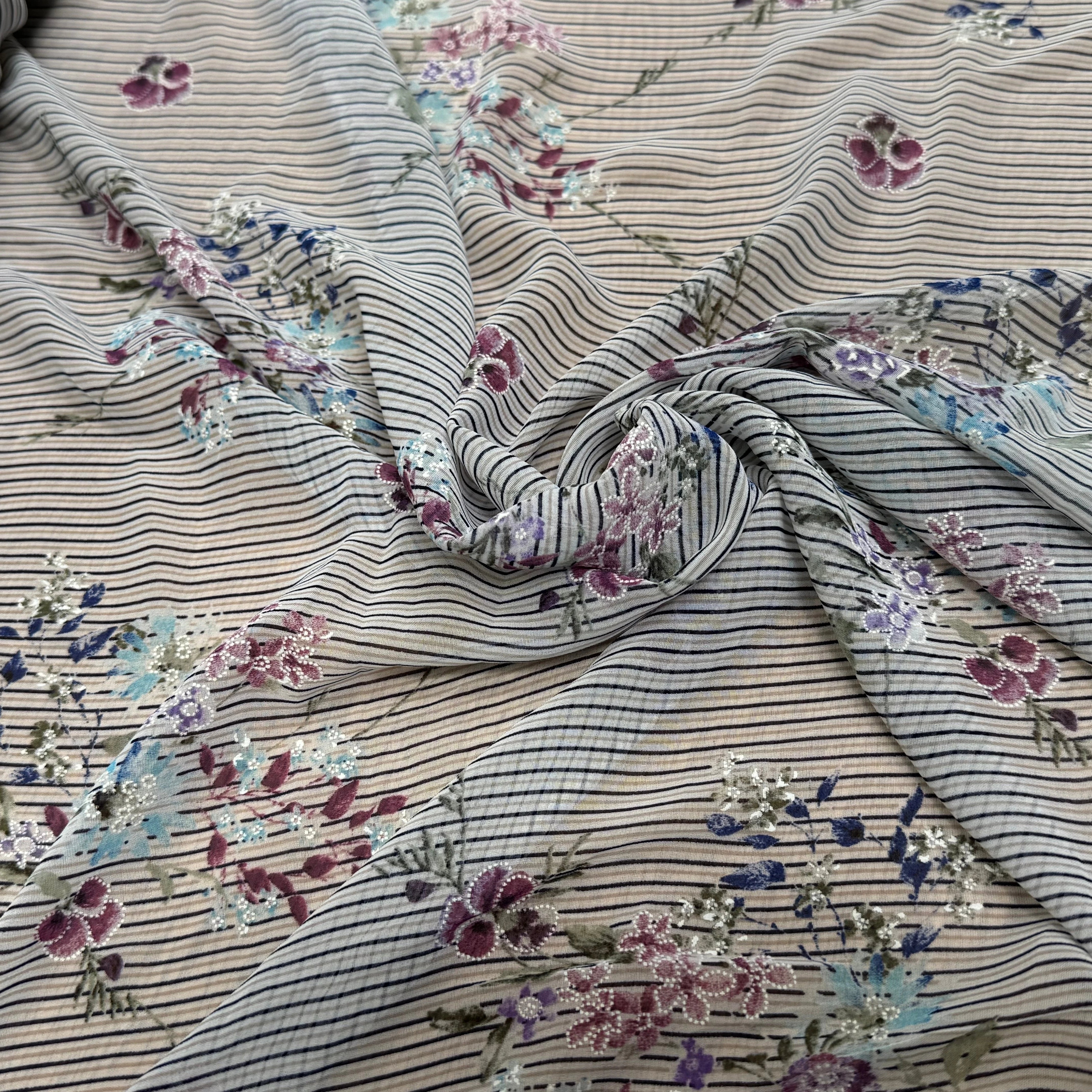 CREPE ULTRA FIN FOND BLANC À RAYURES MOTIFS FLORAUX VIOLET - My Little Coupon