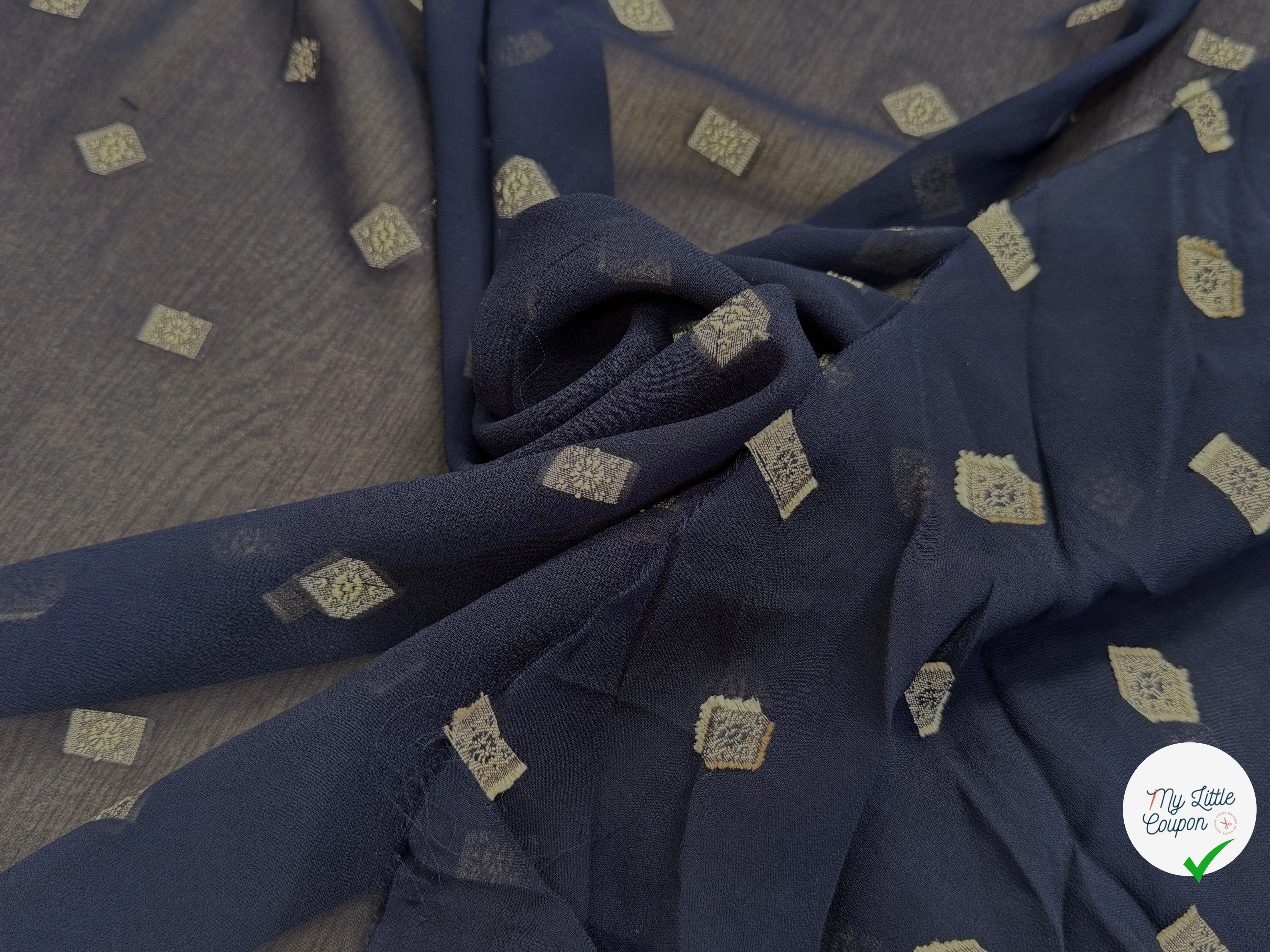 CREPE VISCOSE BLEU MARINE MOTIF TISSÉ GÉOMETRIQUE 100% VI - My Little Coupon