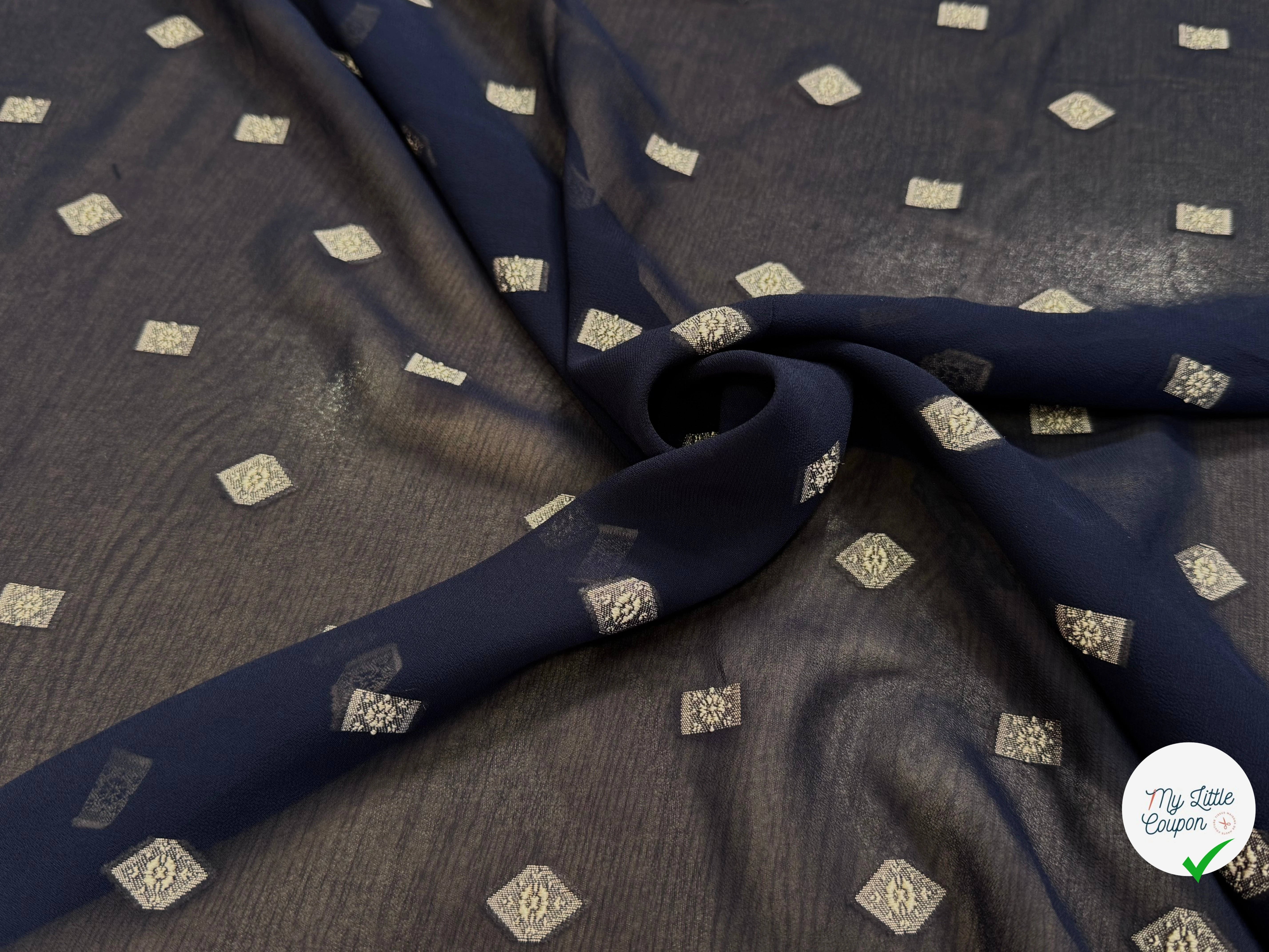 CREPE VISCOSE BLEU MARINE MOTIF TISSÉ GÉOMETRIQUE 100% VI - My Little Coupon