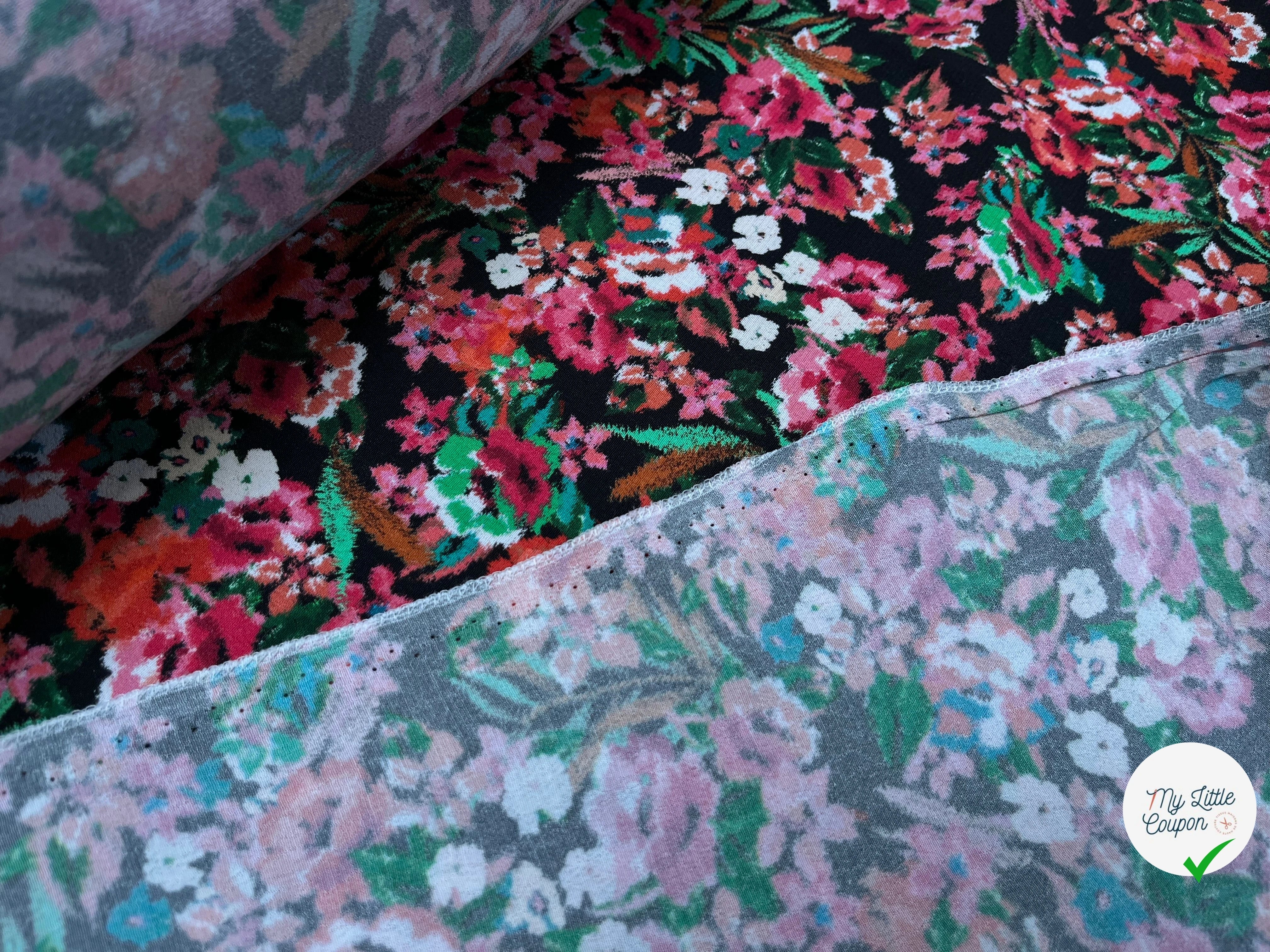 CREPE VISCOSE BOUQUET FLEURS FOND NOIR 140 LAIZE - My Little Coupon