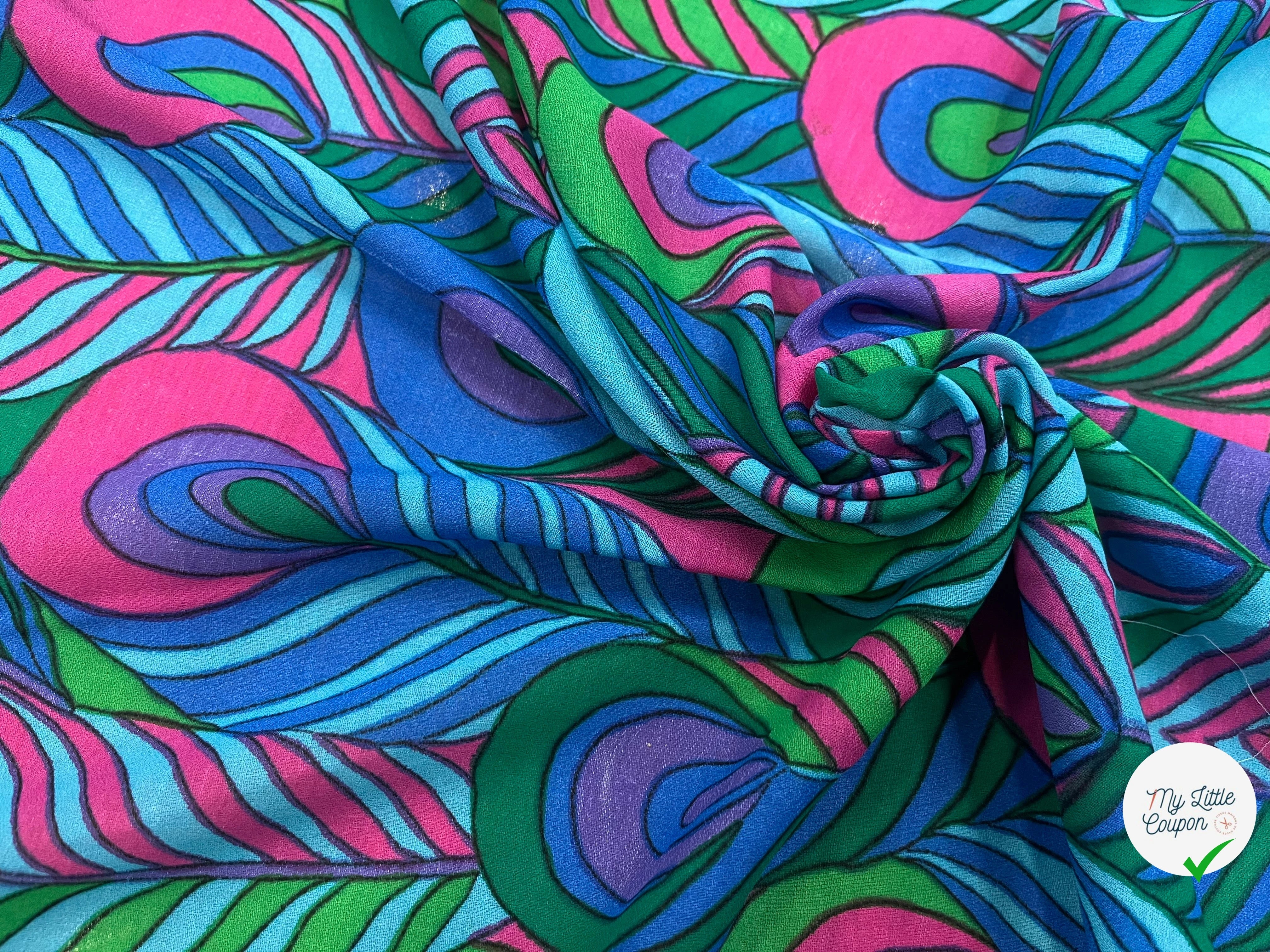 CRÈPE VISCOSE IMPRIMÉ FEUILLAGE VERT BLEU ROSE VIOLET 90CM - My Little Coupon
