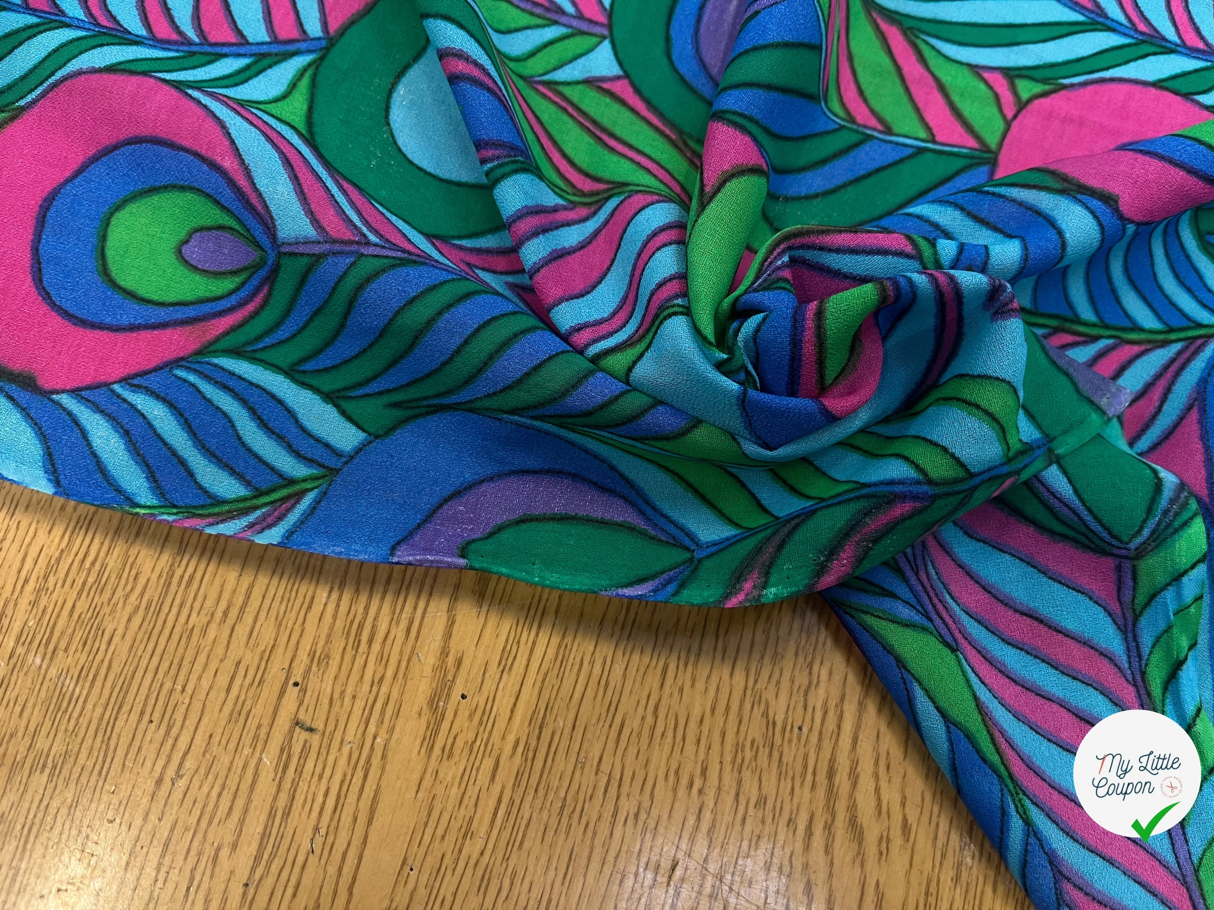 CRÈPE VISCOSE IMPRIMÉ FEUILLAGE VERT BLEU ROSE VIOLET 90CM - My Little Coupon