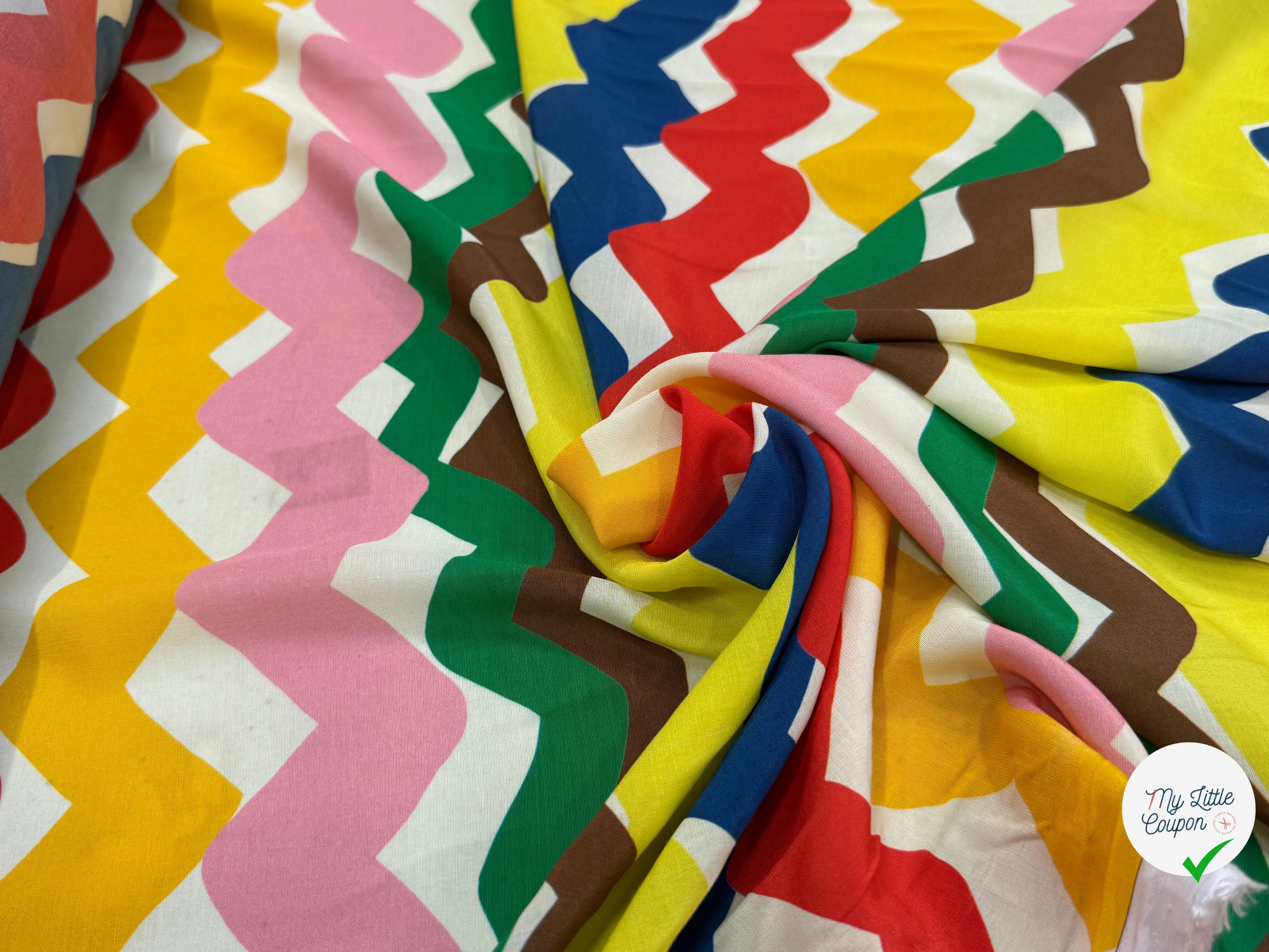 CREPE VISCOSE IMPRIMÉ RAYURES DESTRUCTURÉES TANGO ZIG-ZAG MULTICOLORES - My Little Coupon