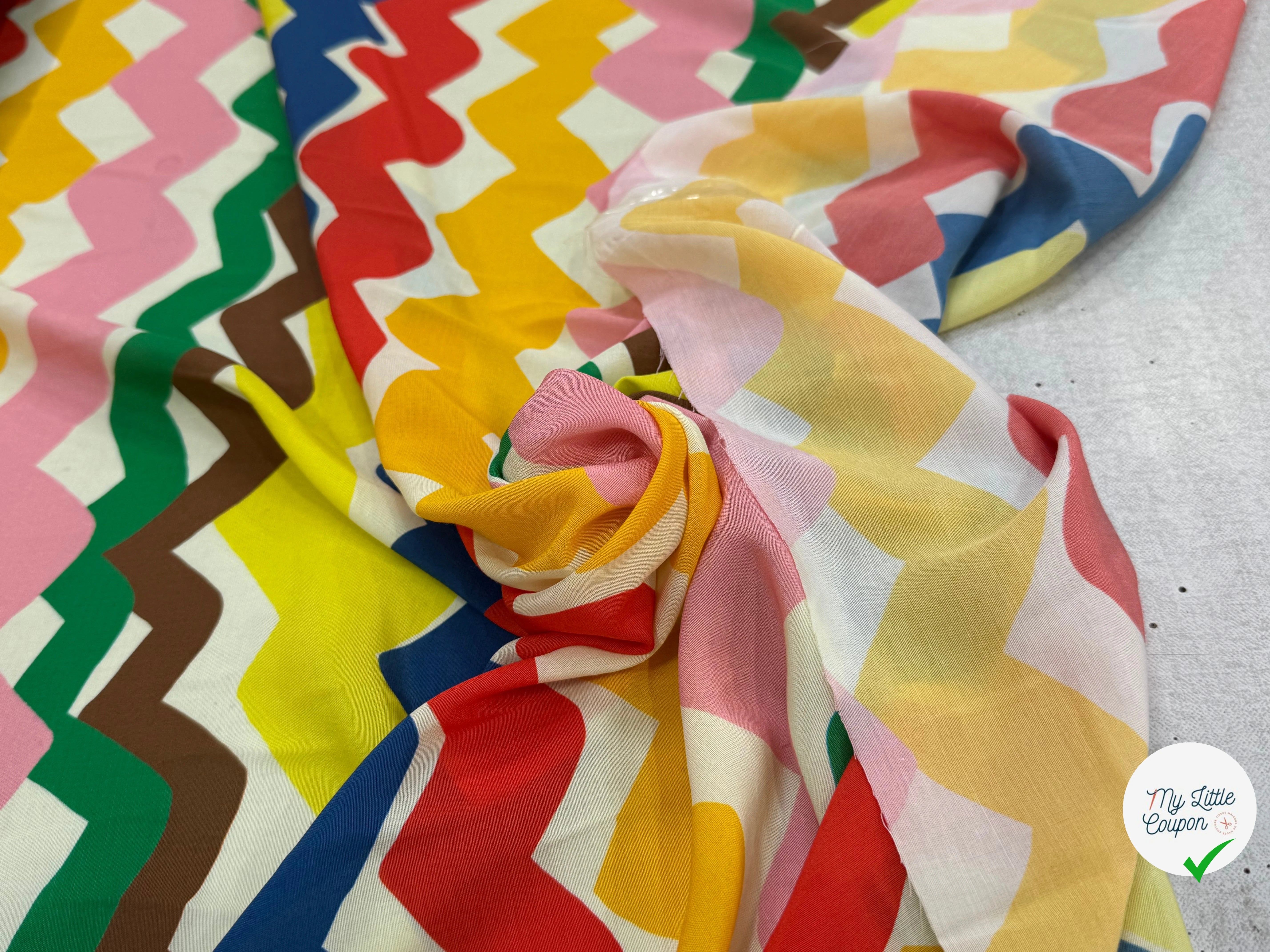 CREPE VISCOSE IMPRIMÉ RAYURES DESTRUCTURÉES TANGO ZIG-ZAG MULTICOLORES - My Little Coupon