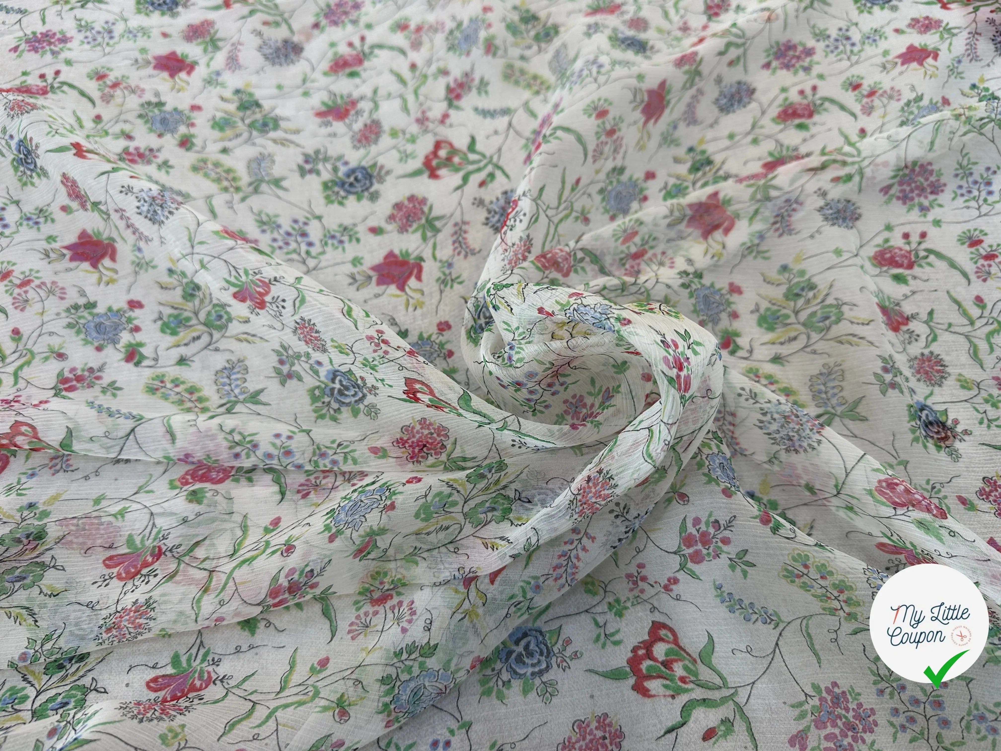 CRÉPON DE SOIE FLEURS COLORÉES SUR FOND BLANC MLC INTERN