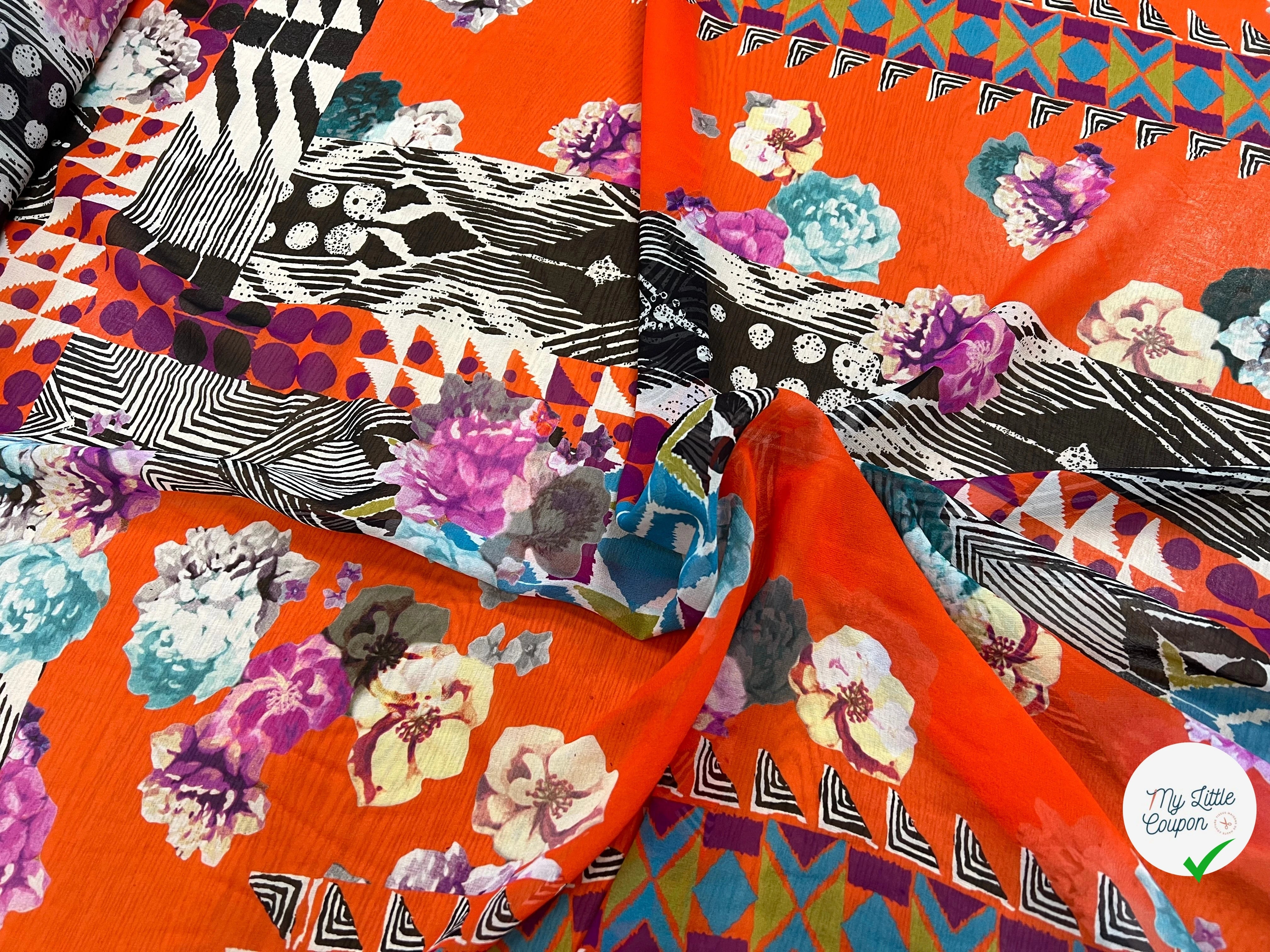 CRÈPON DE SOIE MOTIF GÉOMETRIQUE À FLEURS 142CM - My Little Coupon