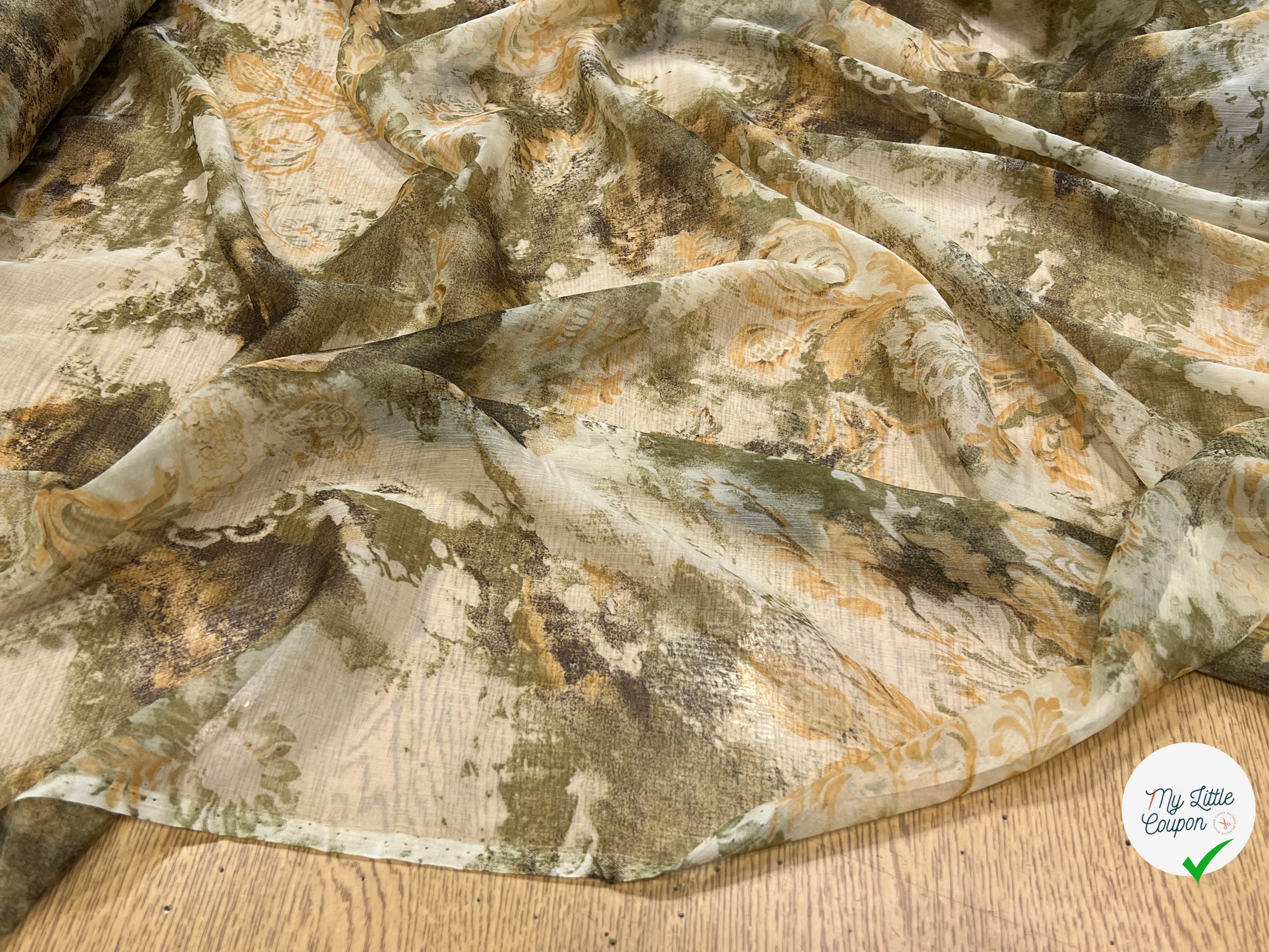 CRÈPON DE SOIE PLISSÉ MOTIF FLORAL ÉCRU KAKI - My Little Coupon