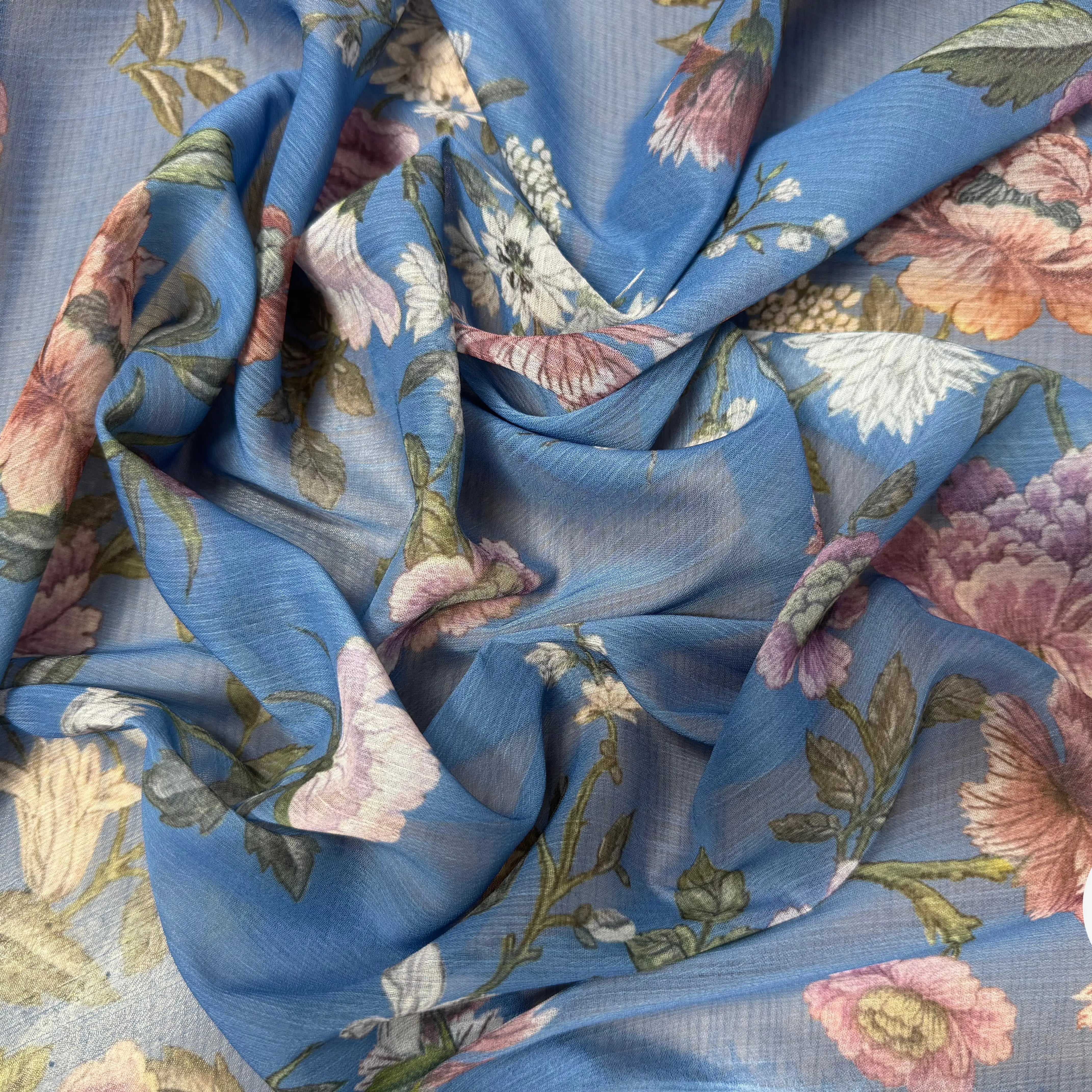 CREPON FOND BLEU MOTIFS FLEURS ROSE ORANGE ET BLANC - My Little Coupon