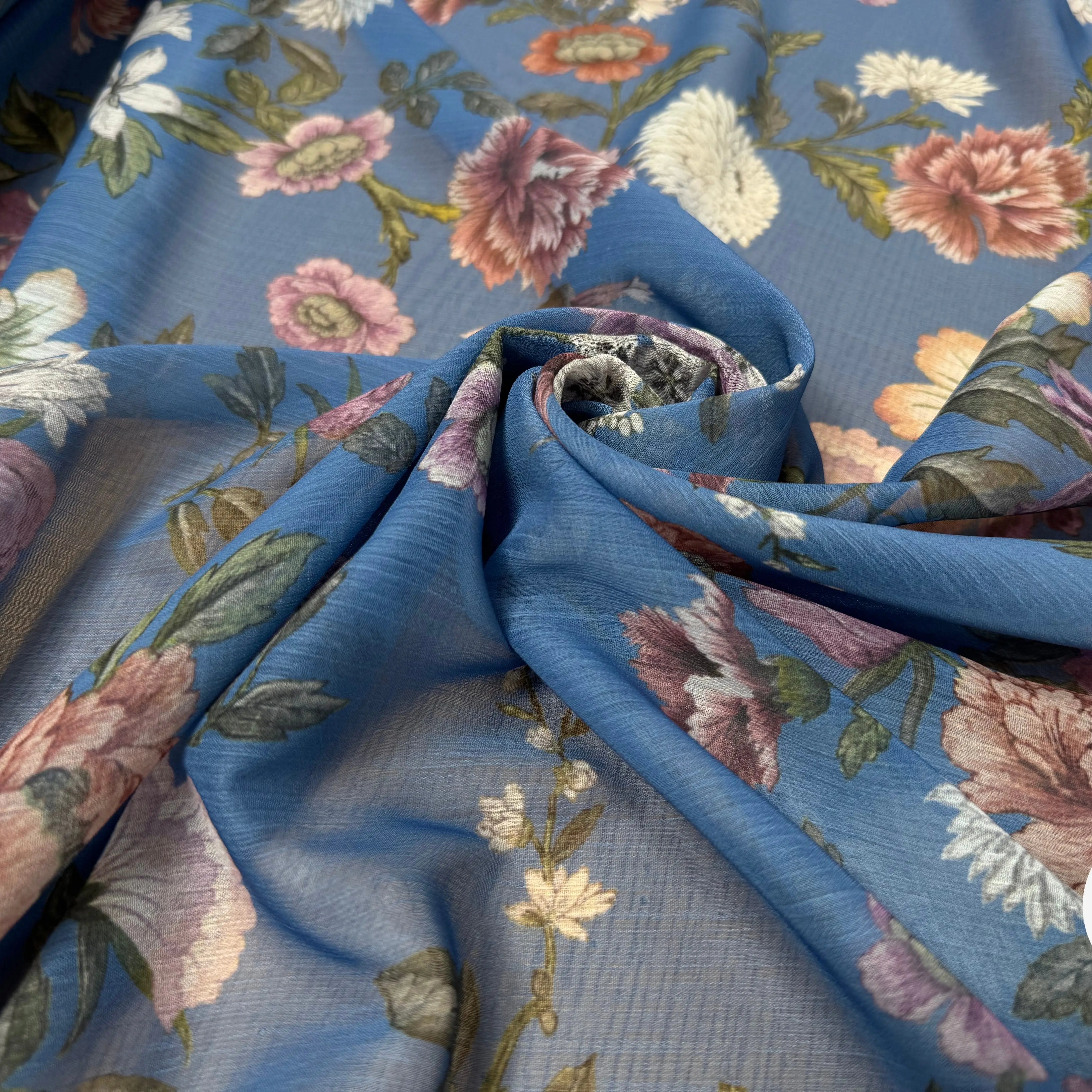 CREPON FOND BLEU MOTIFS FLEURS ROSE ORANGE ET BLANC - My Little Coupon