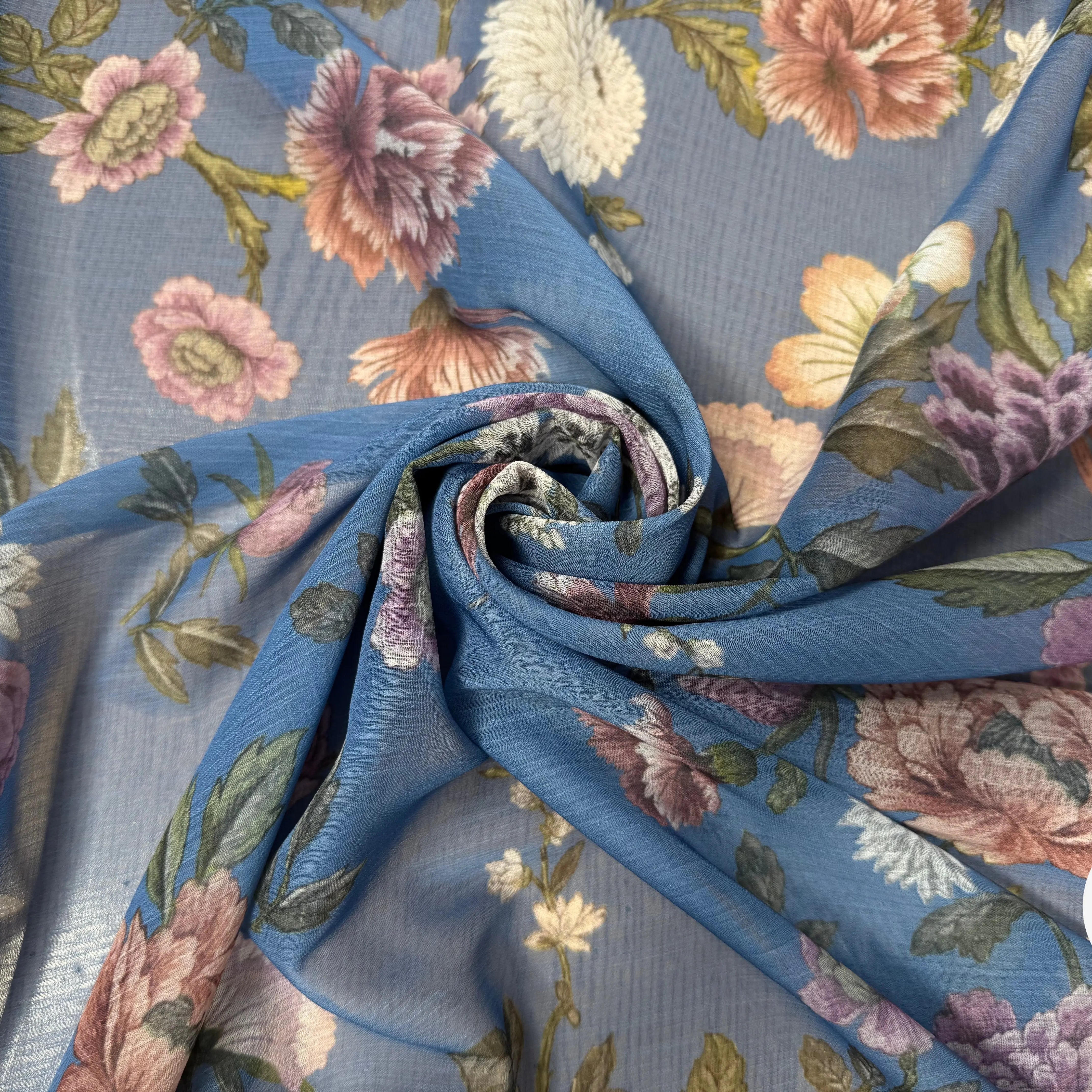 CREPON FOND BLEU MOTIFS FLEURS ROSE ORANGE ET BLANC - My Little Coupon