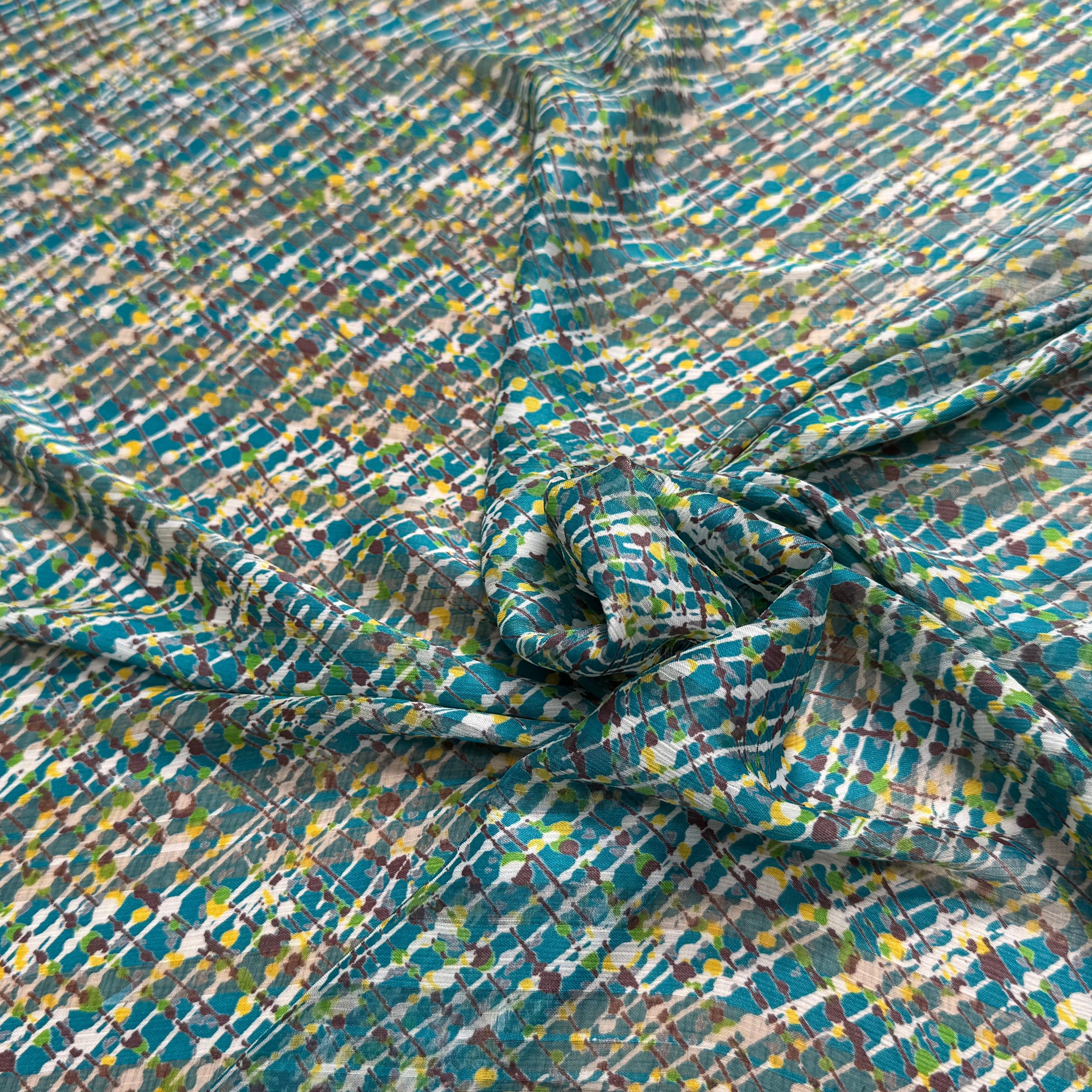 CREPON IMPRIMÉ MULTICOLORES OEUVRE D'ART FOND TURQUOISE - My Little Coupon